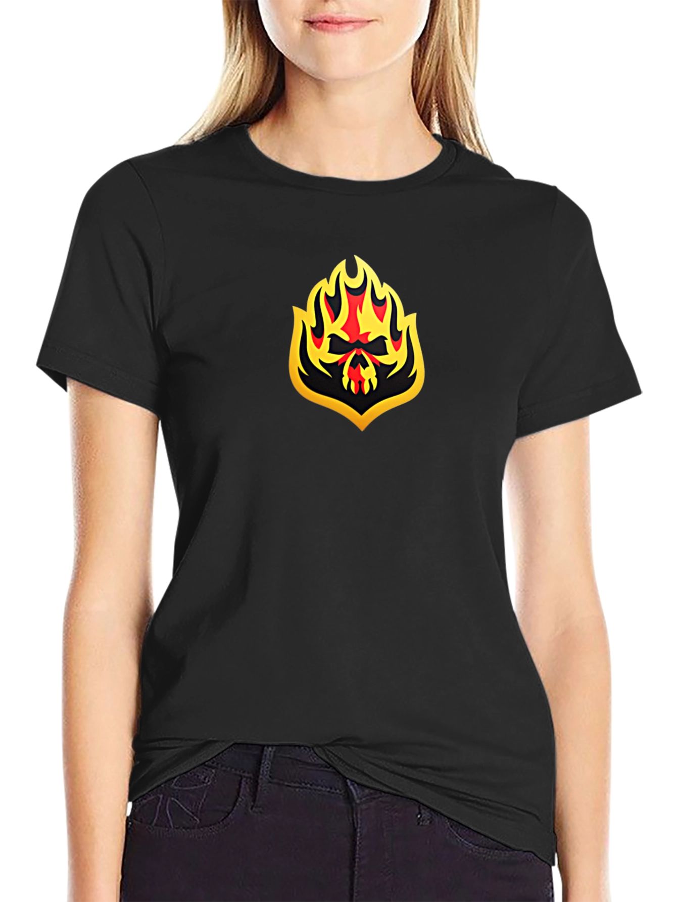 Black Fiery Skull Graphic Black T-Shirt view 2