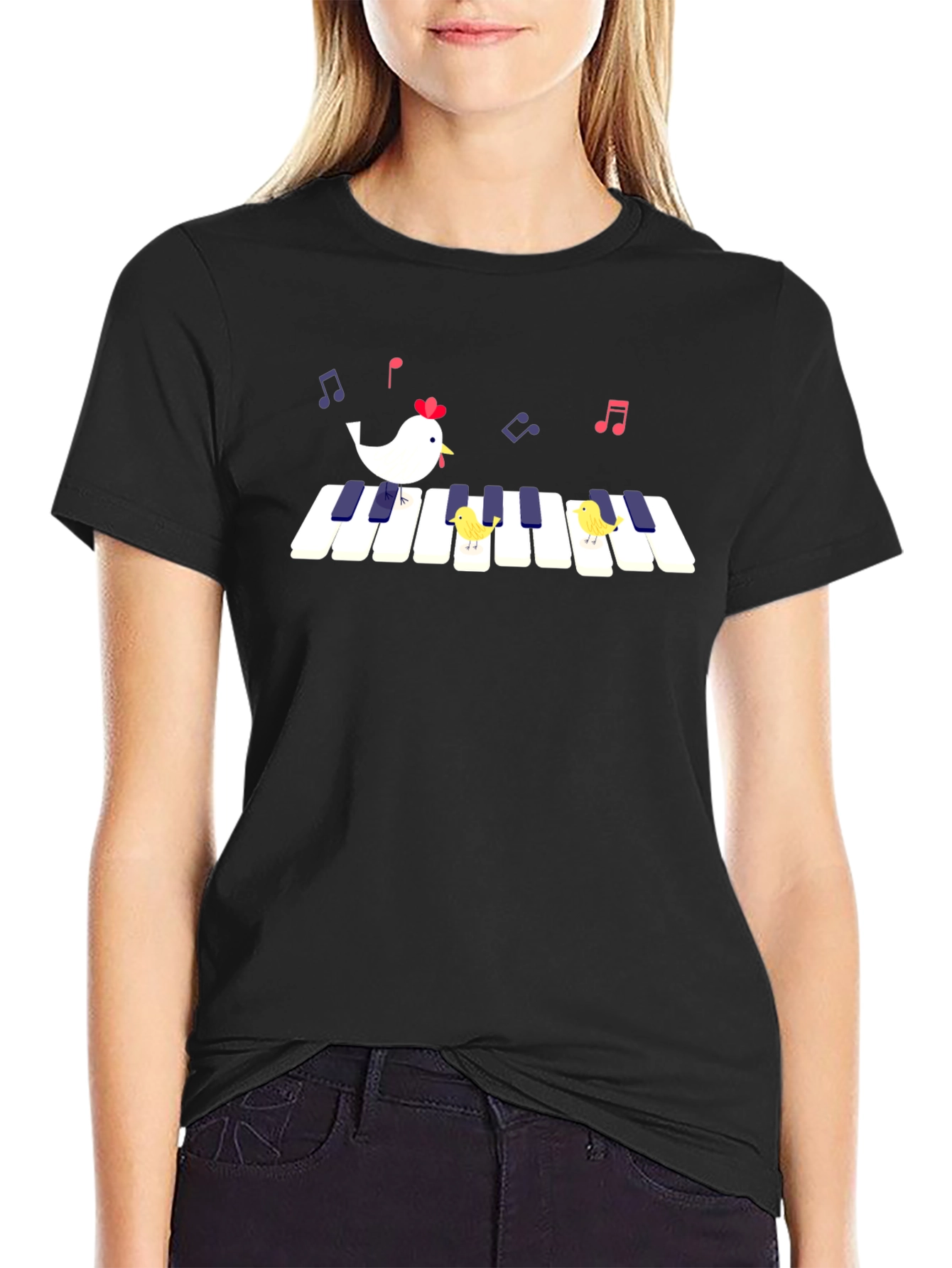 Black Piano Chicken T-Shirt - Musical Bird Tee view 2