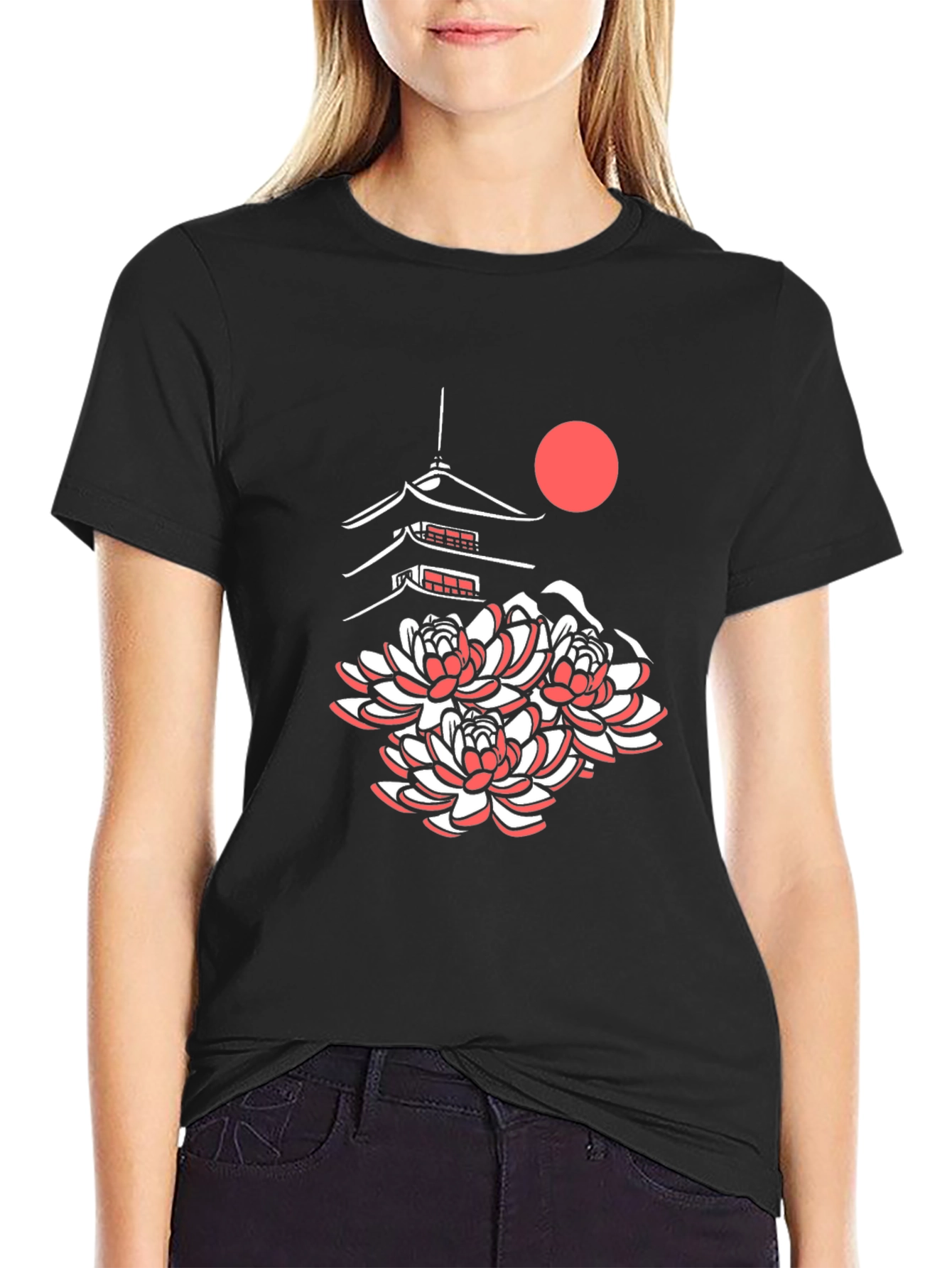 Black Japanese Pagoda & Lotus Black Tee view 2