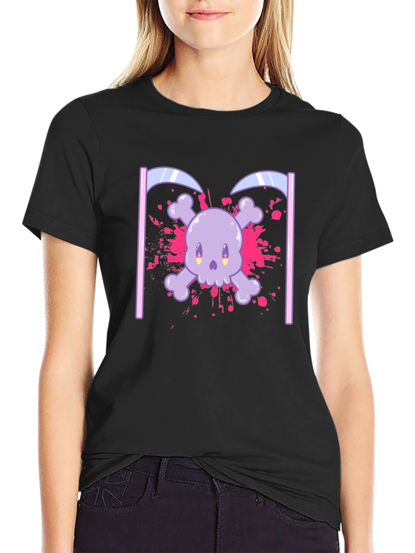 Black Cute Skull and Crossbones Graphic T-Shirt view 2