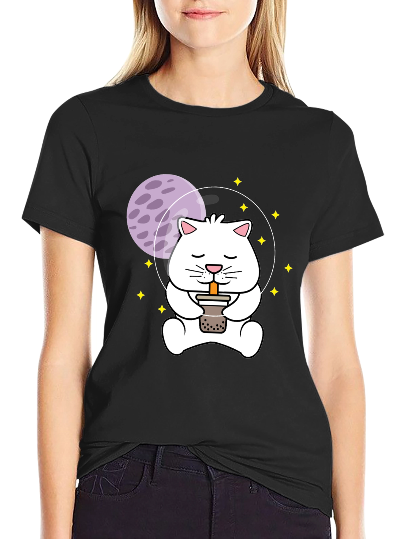 Black Astronaut Cat Boba Tea Graphic T-Shirt view 2