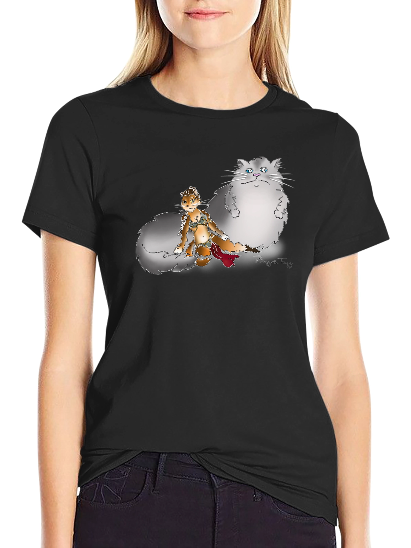 Black Graphic Print T-Shirt - Cat and Squirrel Design view 2