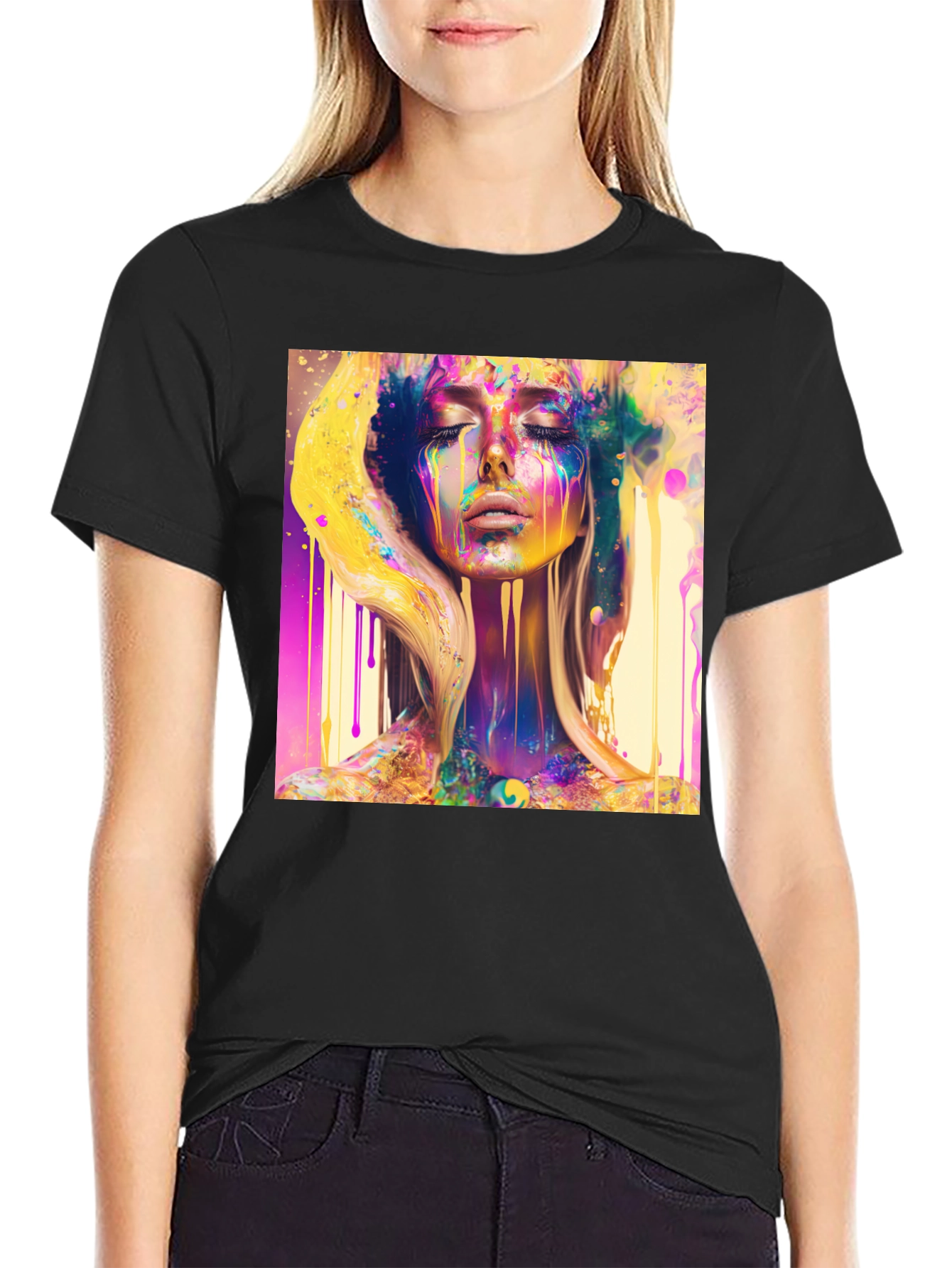 Black Colorful Woman Art T-Shirt - Modern Artistic Design view 2