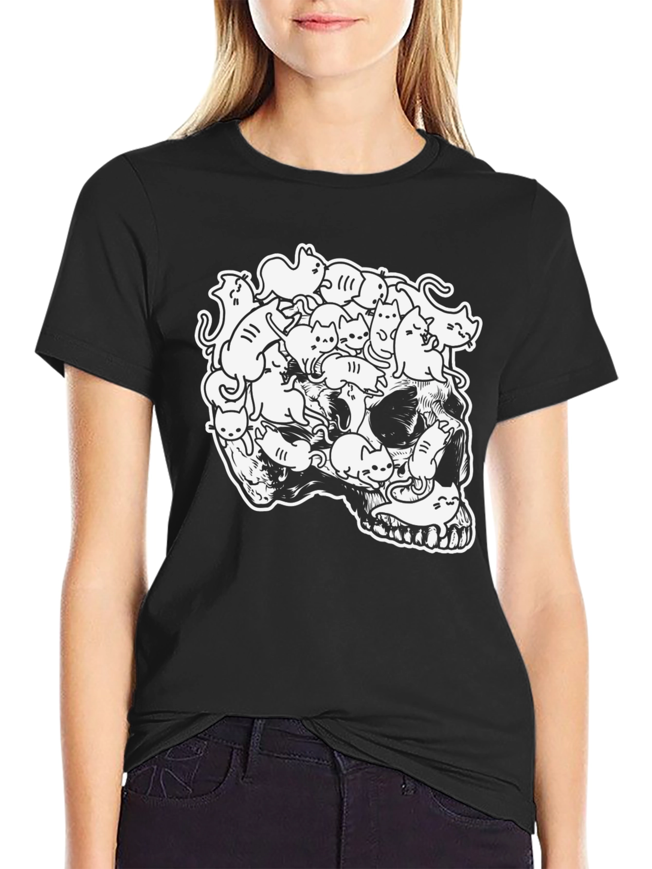 Black Skull of Cats Graphic Tee - Unique Design view 2