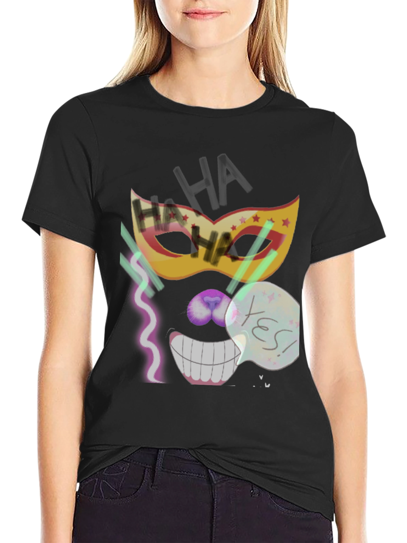 Black Crazy Mask Tee: Cheshire Cat Grin view 2
