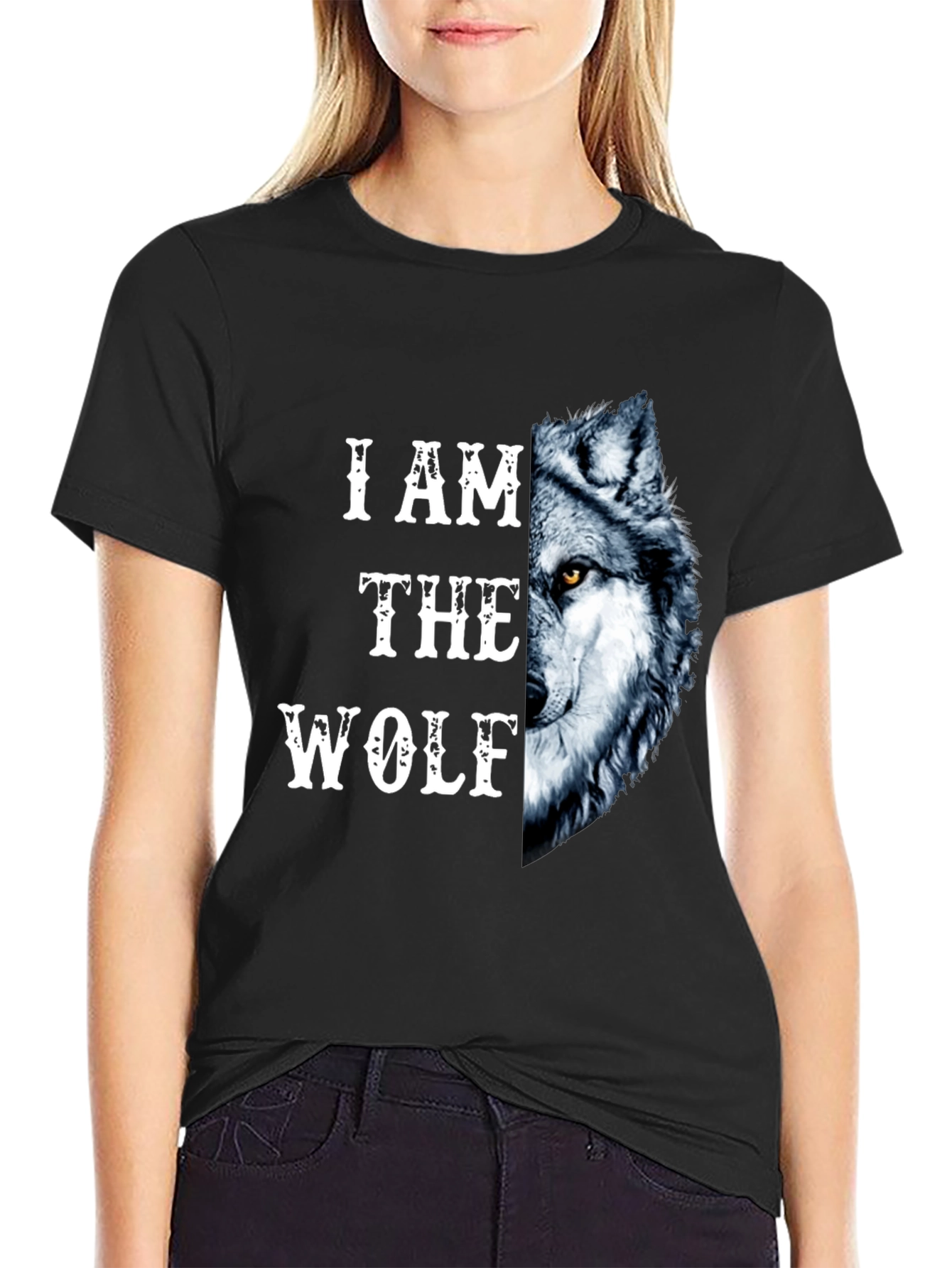 Black I Am The Wolf Graphic Print T-Shirt view 2