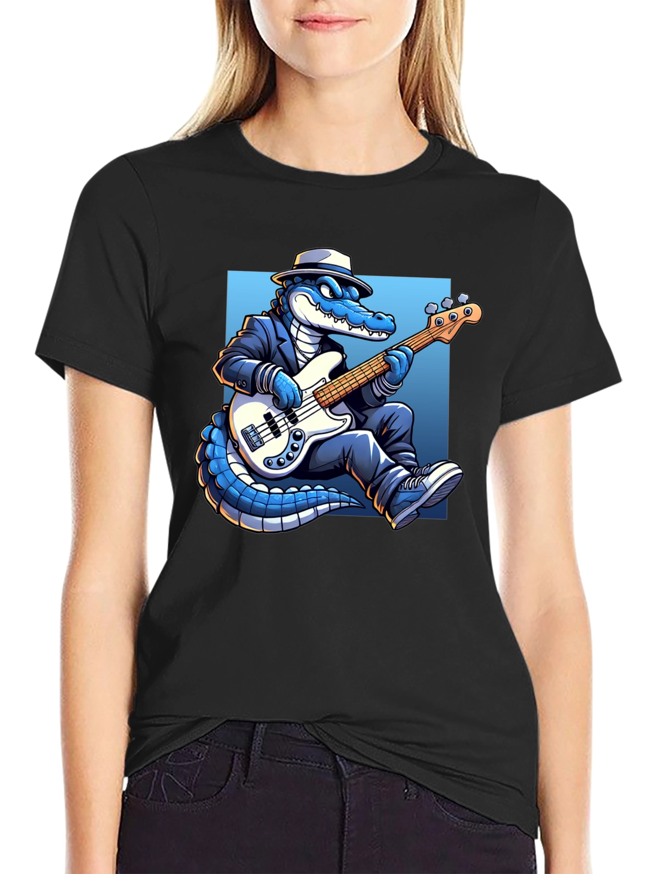 Black Cool Gator Playing Bass Guitar T-Shirt view 2
