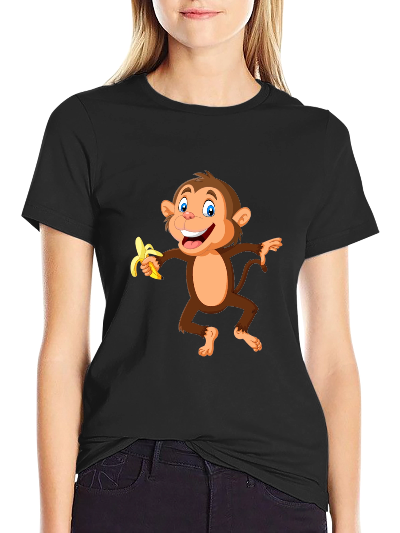 Black Fun Monkey Banana Graphic Black T-Shirt view 2