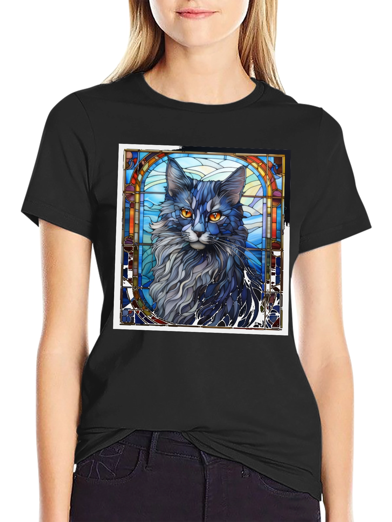 Black Stained Glass Cat T-Shirt view 2