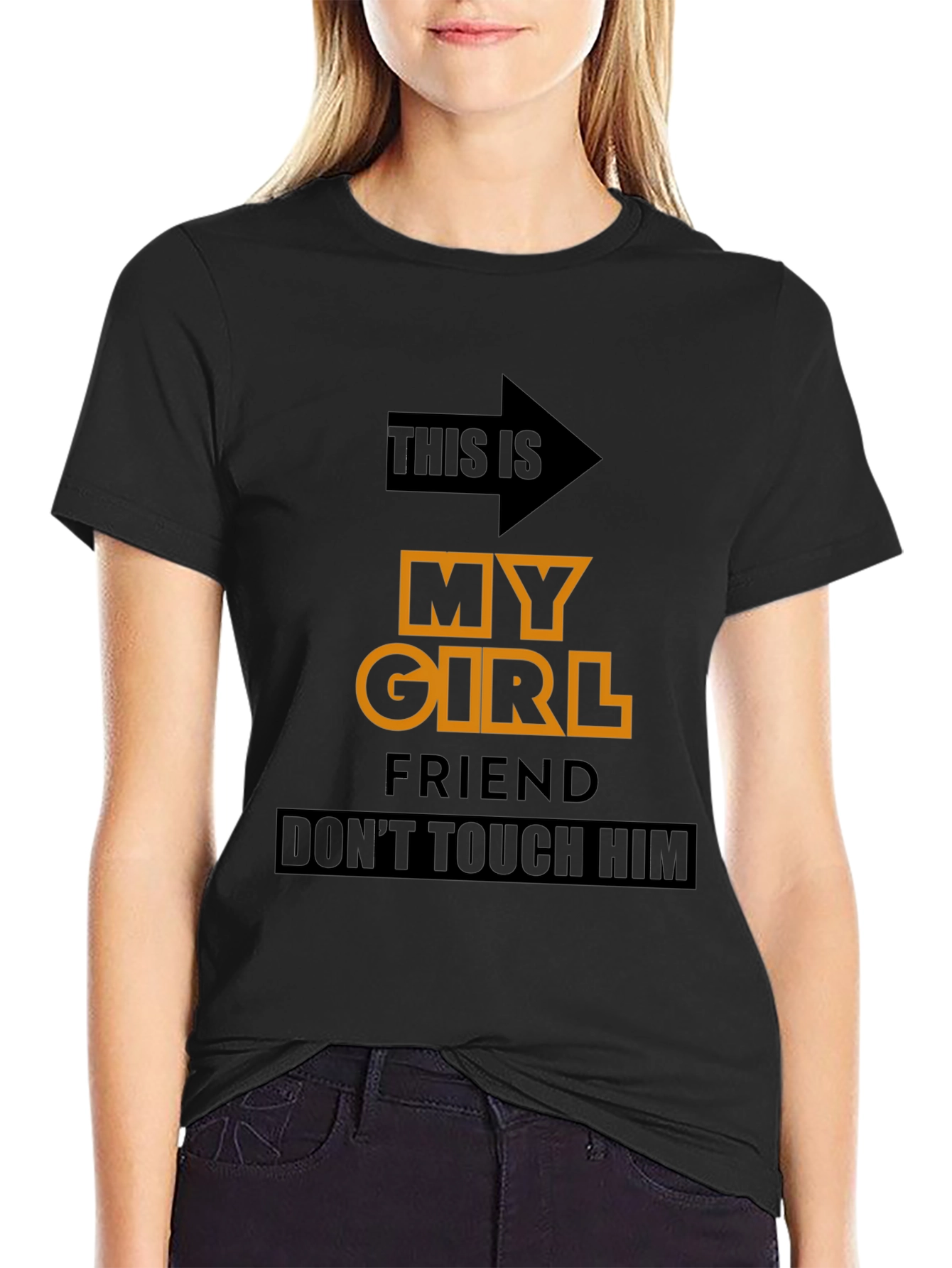 Black Funny Novelty T-Shirt: My Girlfriend, Don't Touch Him view 2