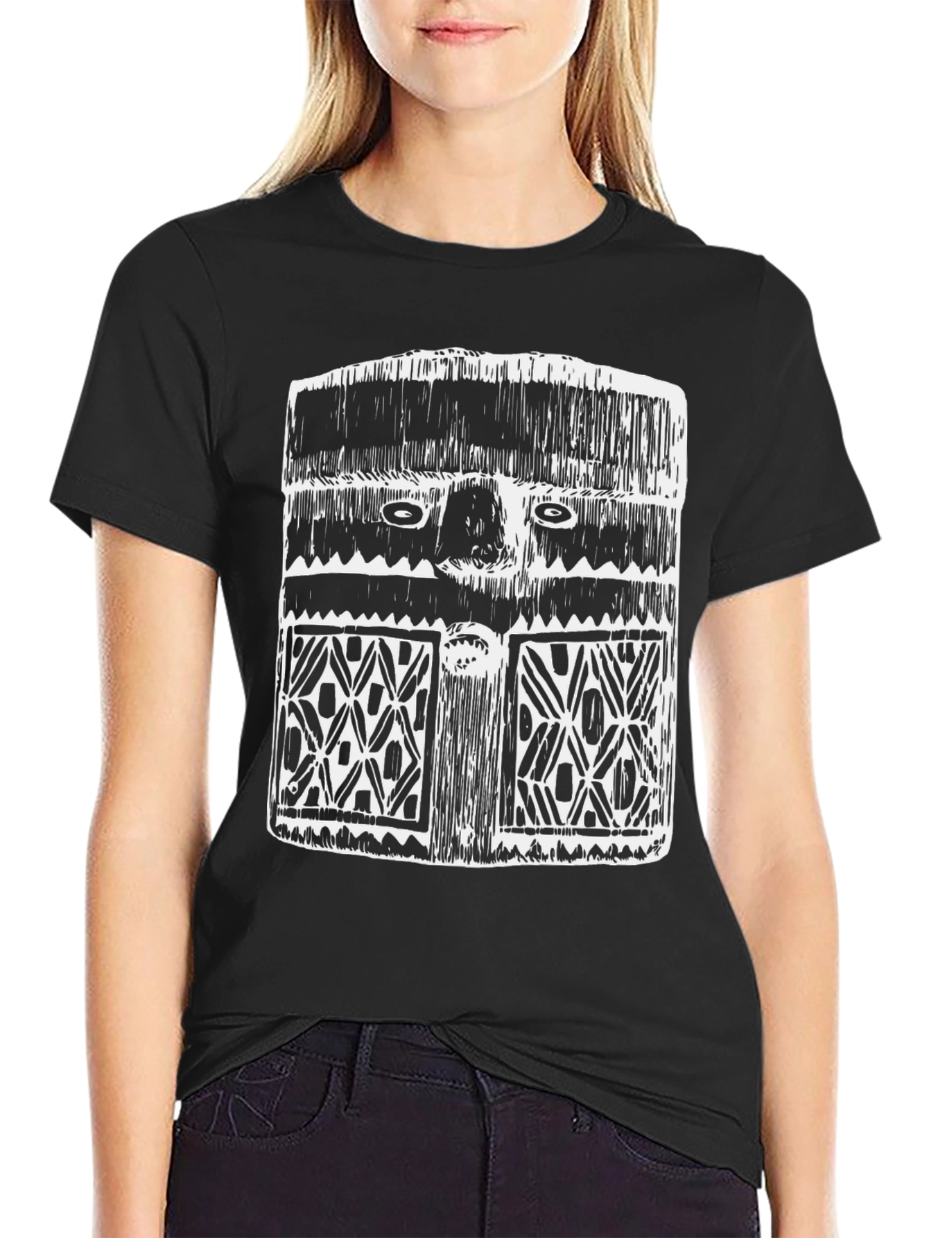 Black Tribal Mask Graphic Tee - Modern Streetwear Shirt view 2