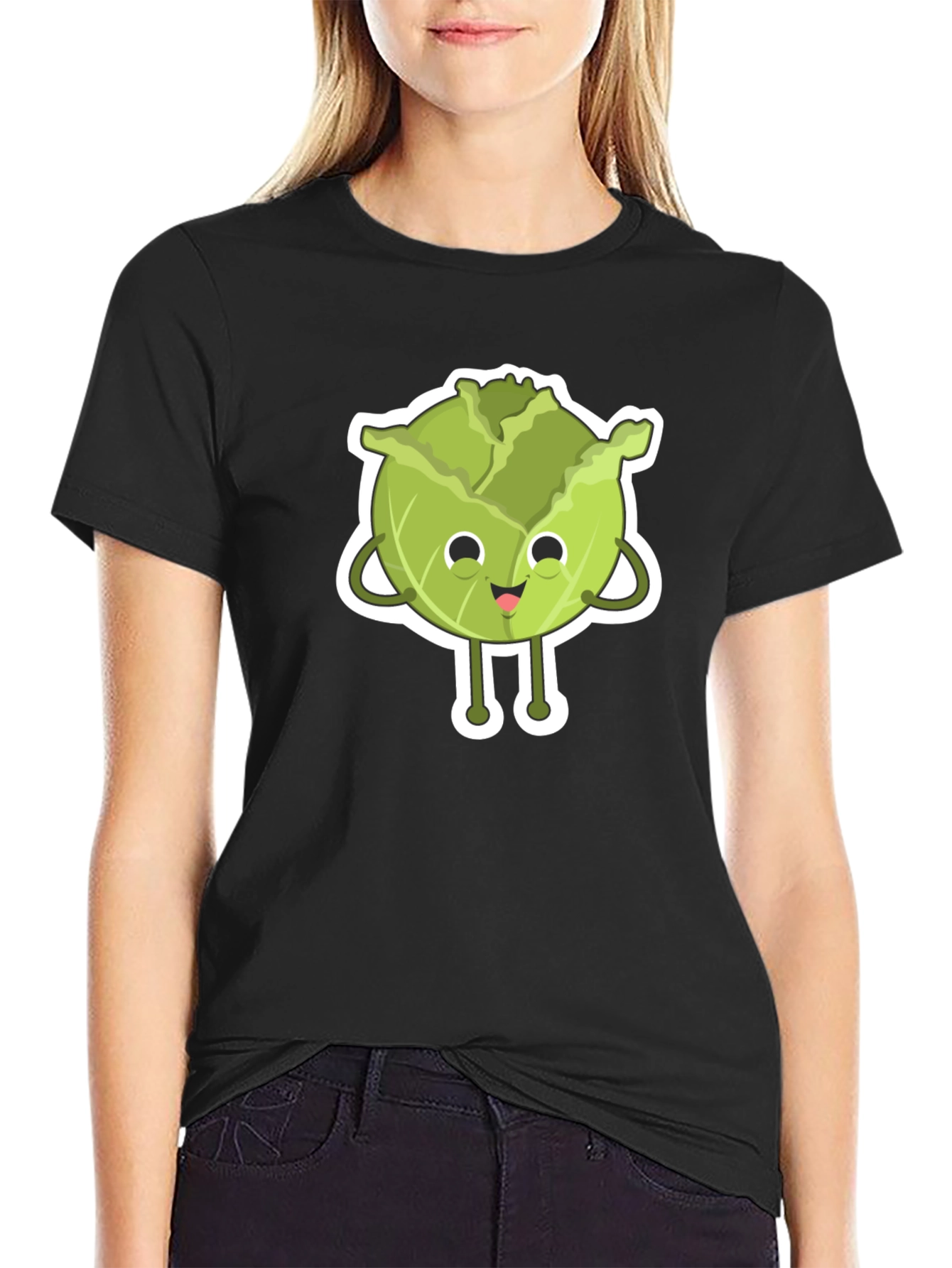 Black Cute Cabbage Cartoon Black T-Shirt view 2