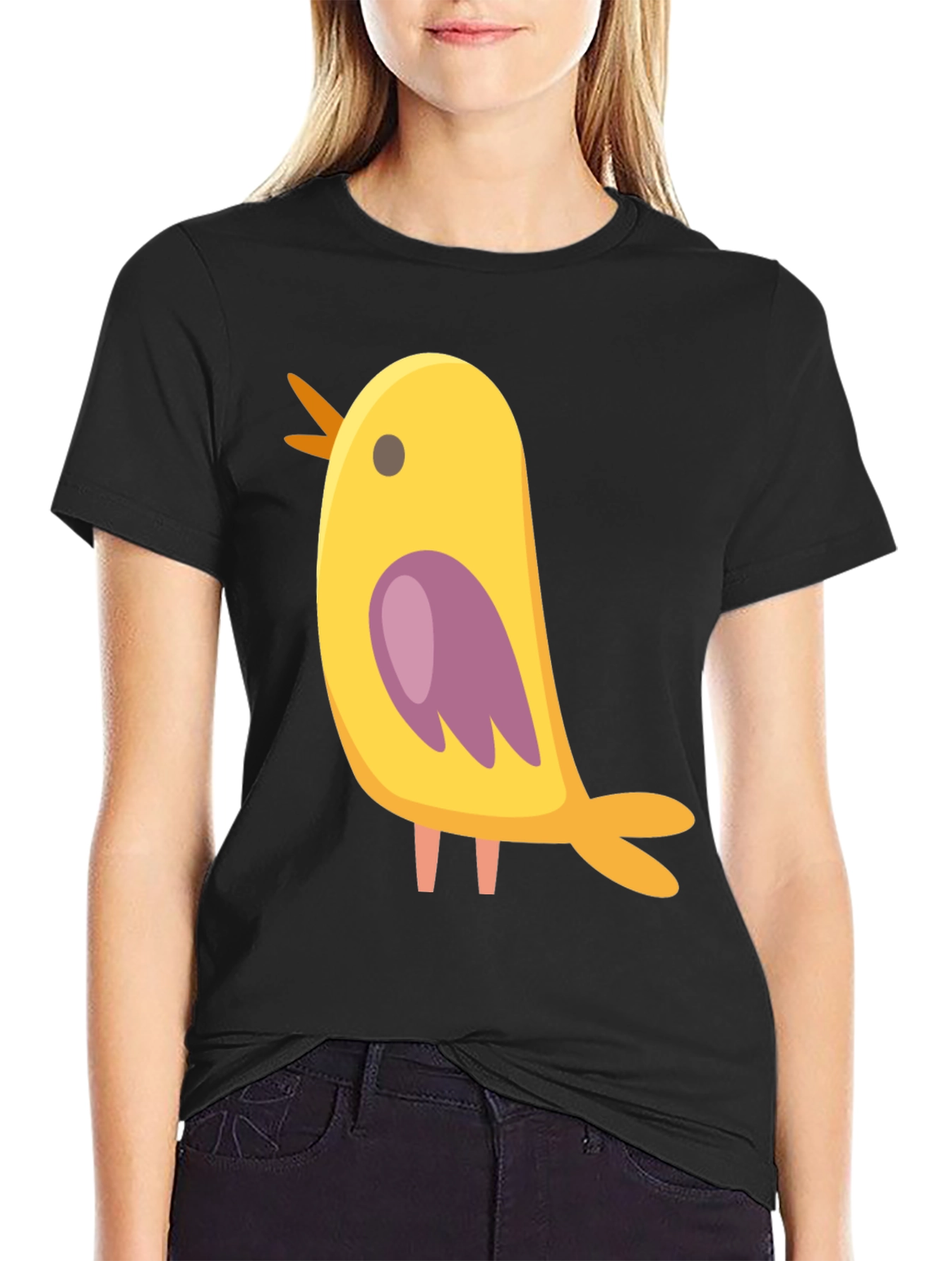 Black Cute Bird Graphic Tee - Black Cotton Blend view 2