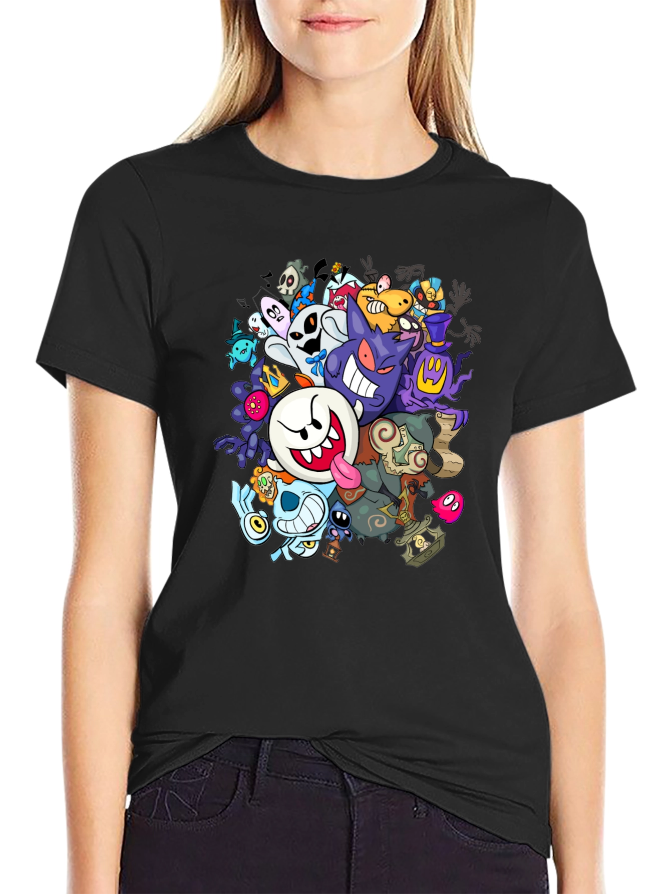 Black Ghostly Gathering T-Shirt: Spooky Cartoon Design view 2