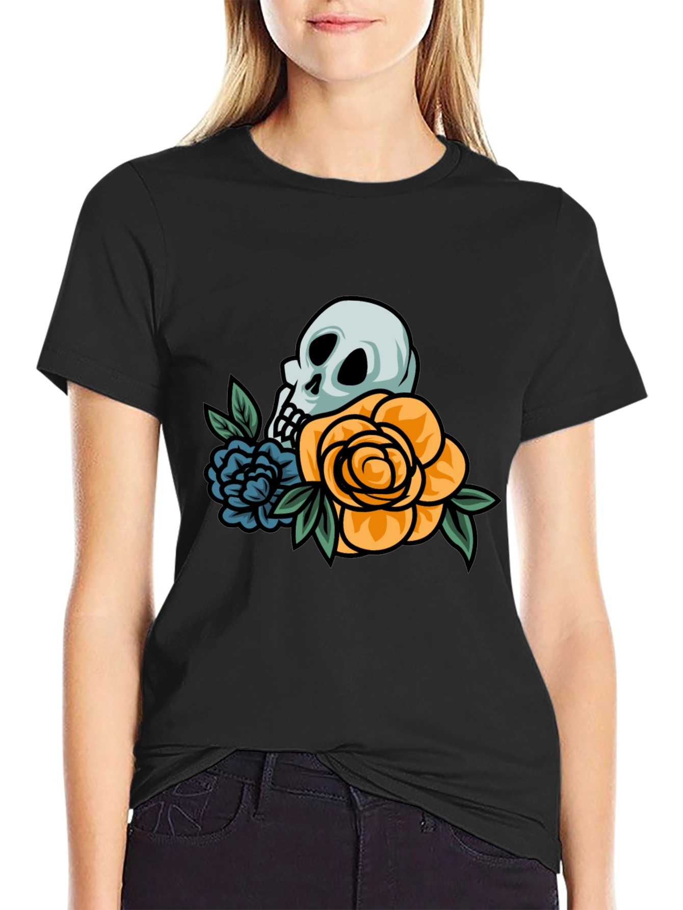 Black Skull & Roses Graphic T-Shirt view 2