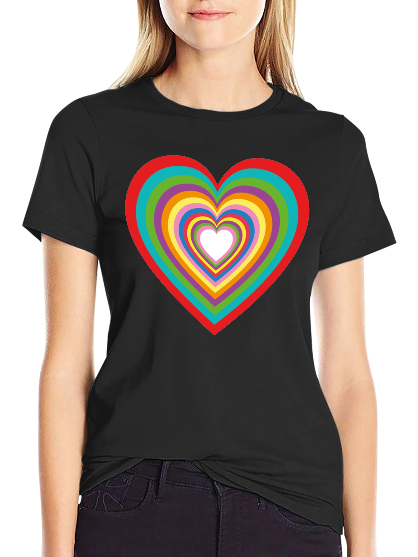 Black Rainbow Heart Graphic Tee - Stylish Cotton T-Shirt view 2