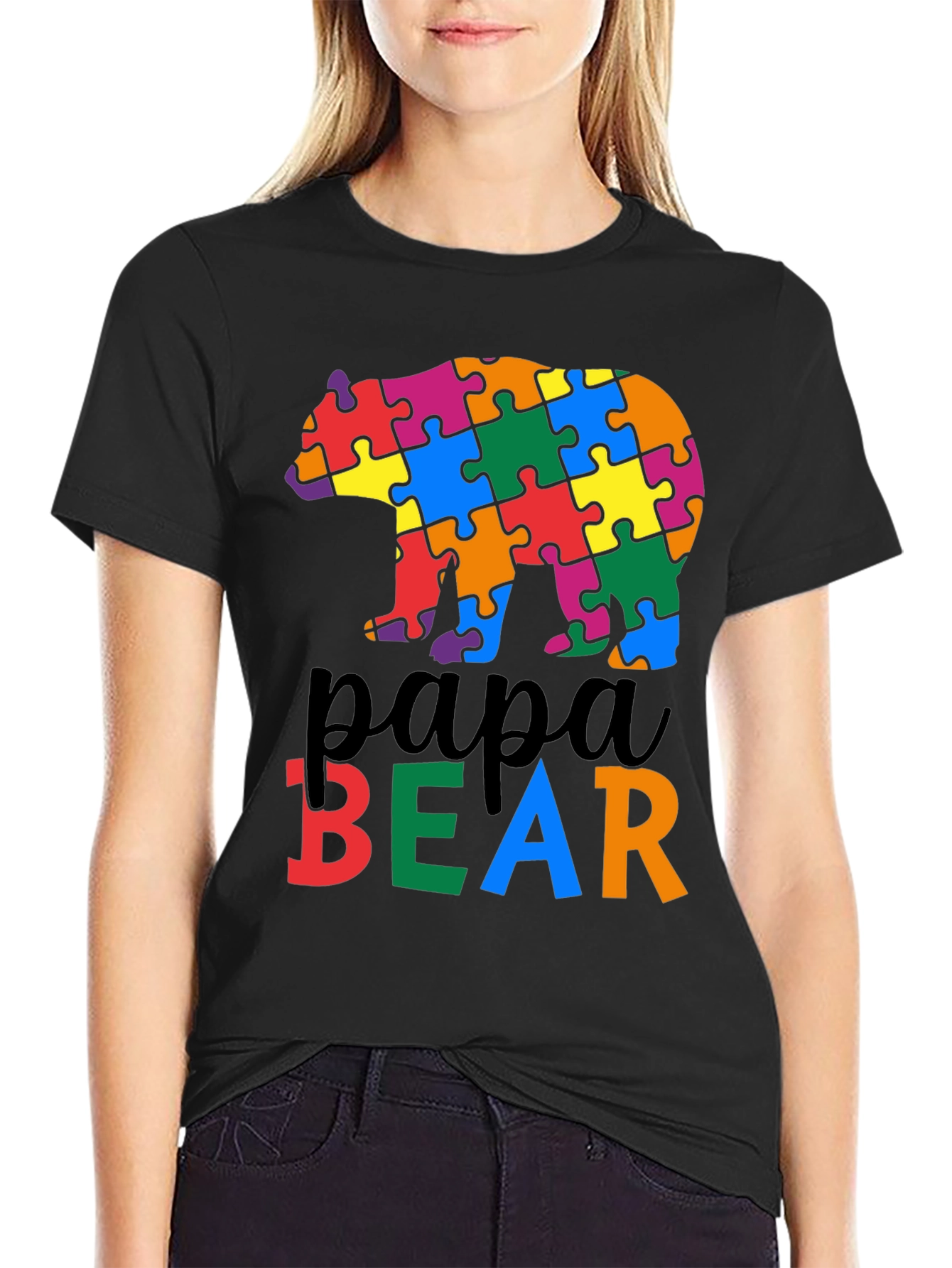Black Papa Bear Autism Awareness T-Shirt view 2