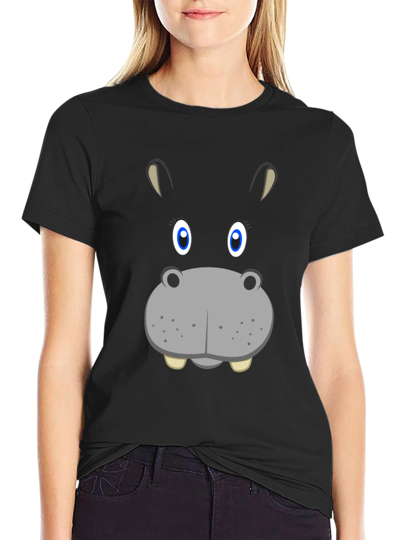Black Hippo Face Graphic Tee - Unique Animal Design view 2