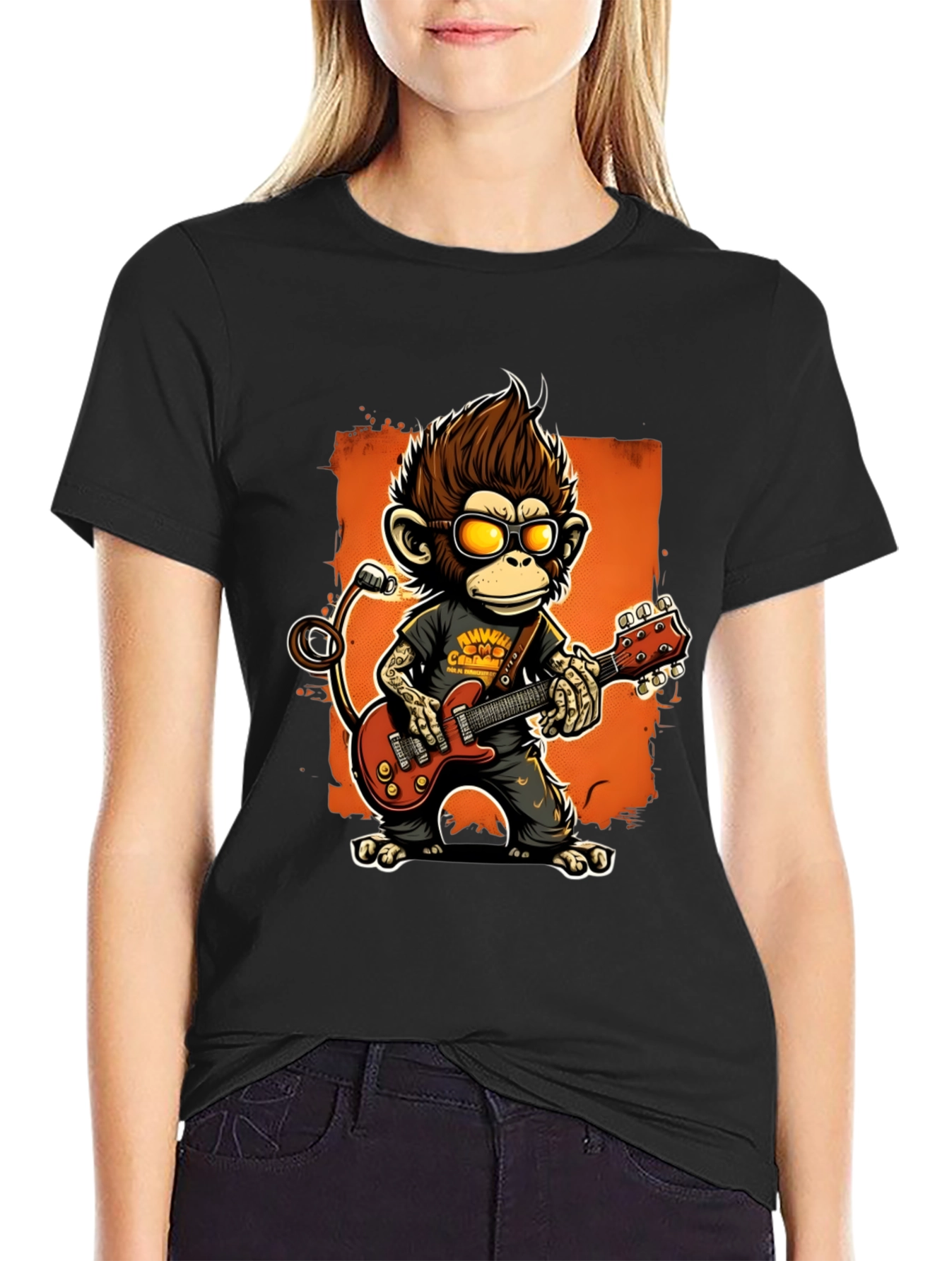 Black Rockin' Monkey Guitarist Graphic Tee view 2