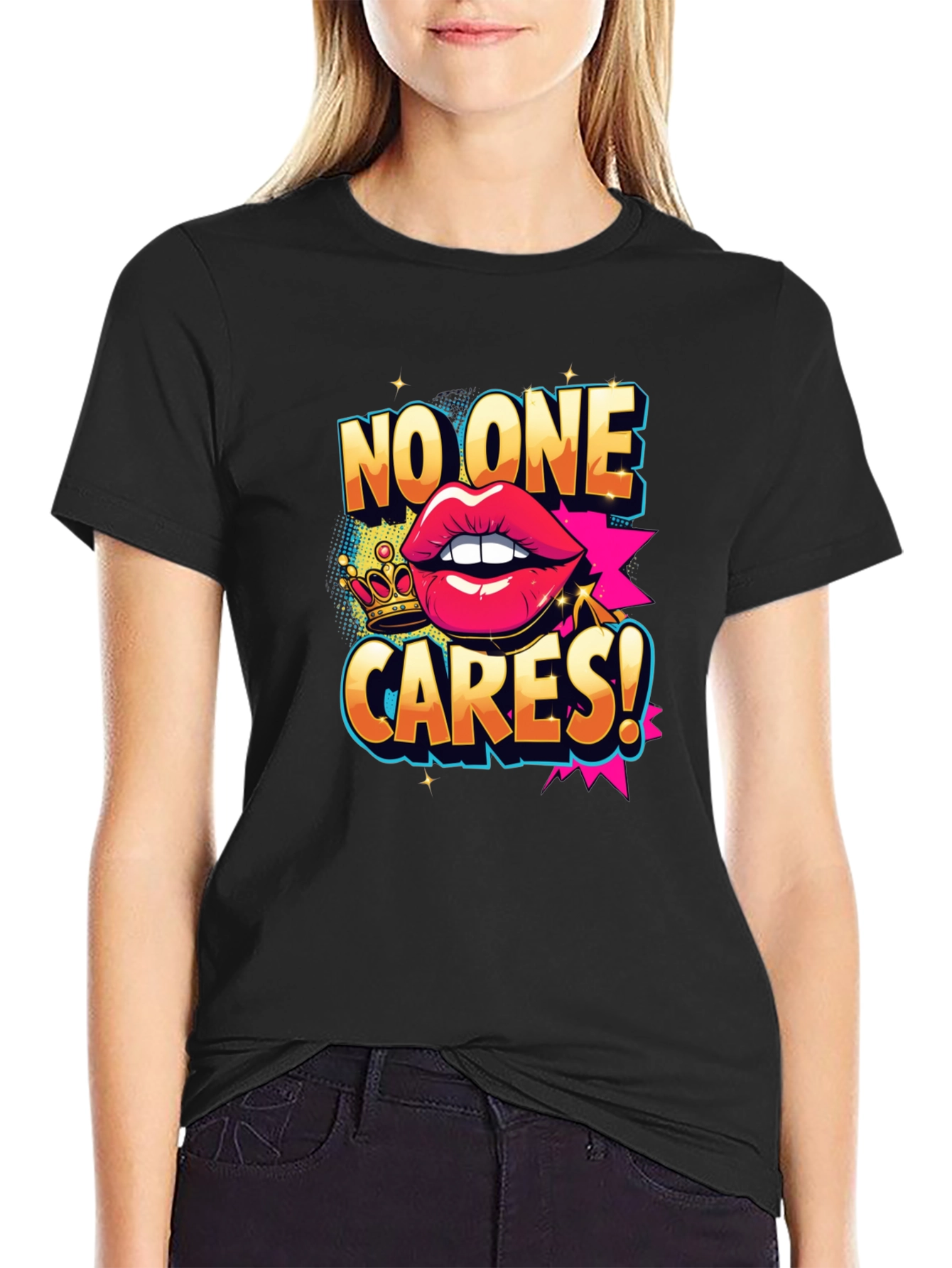Black No One Cares Graphic Tee - Funny Slogan T-Shirt view 2