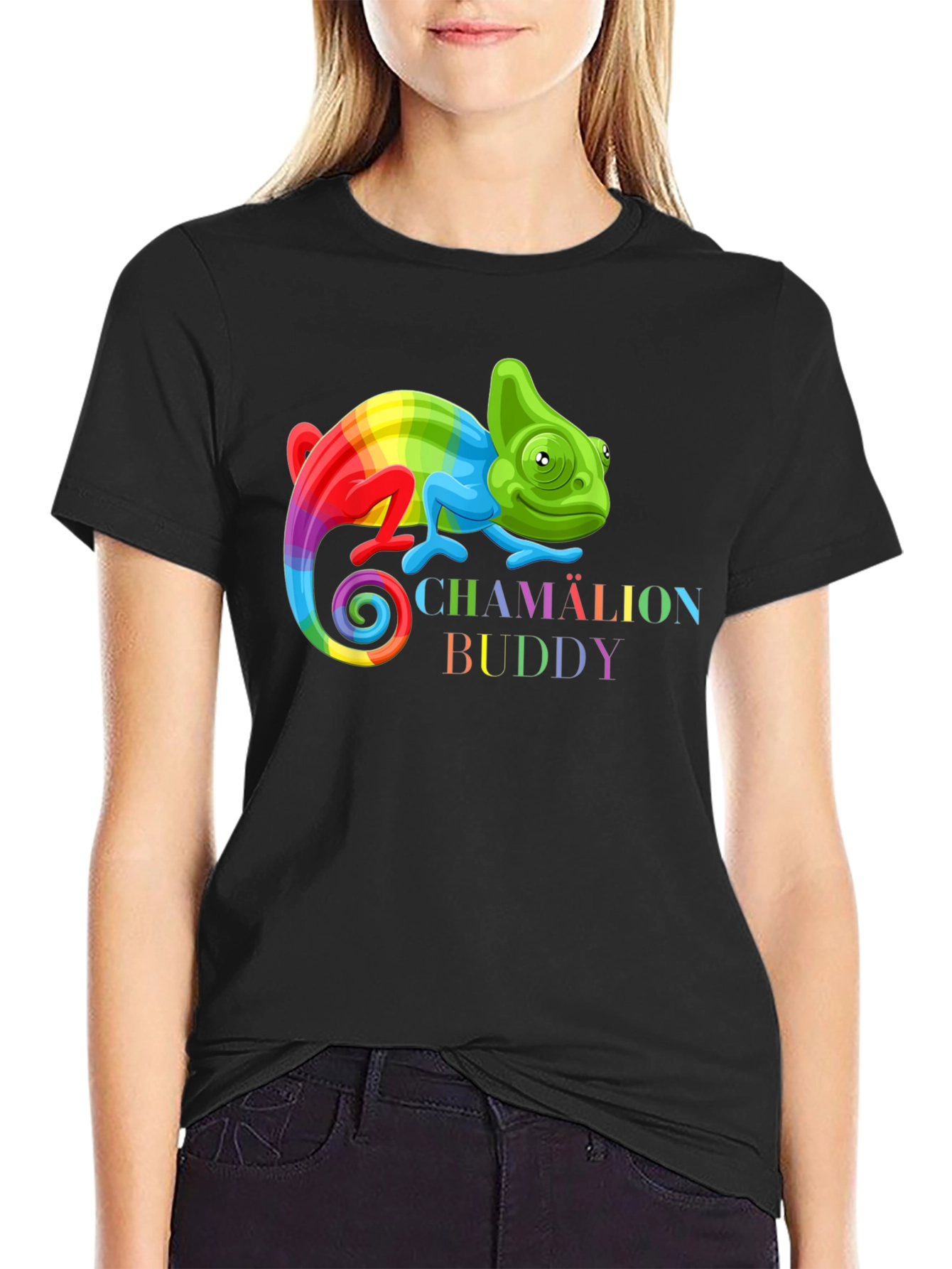 Black Rainbow Chameleon Buddy Black T-Shirt view 2