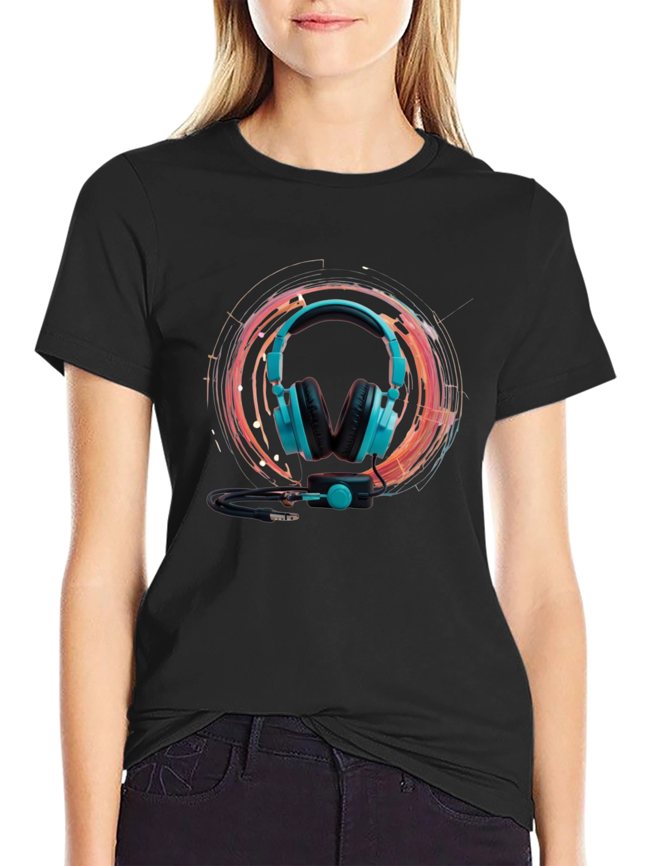 Black Cool Headphone Graphic Black Tee view 2