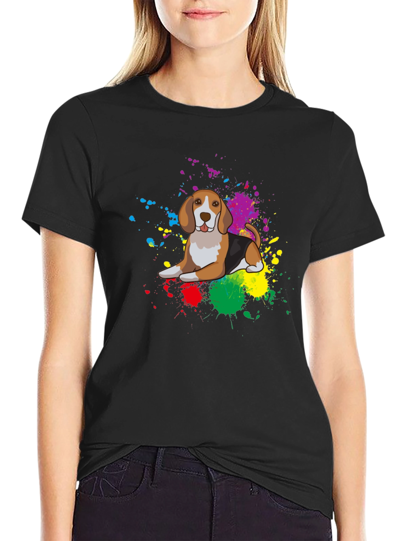Black Beagle Dog Colorful Splatter T-Shirt - Unisex view 2