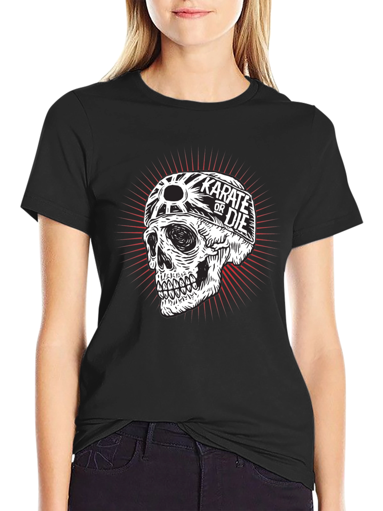 Black Karate or Die Skull Graphic Tee - Black Cotton T-Shirt view 2