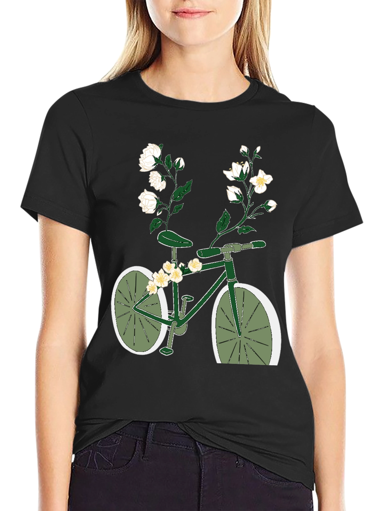 Black Floral Bicycle Graphic Tee - Unique Design view 2