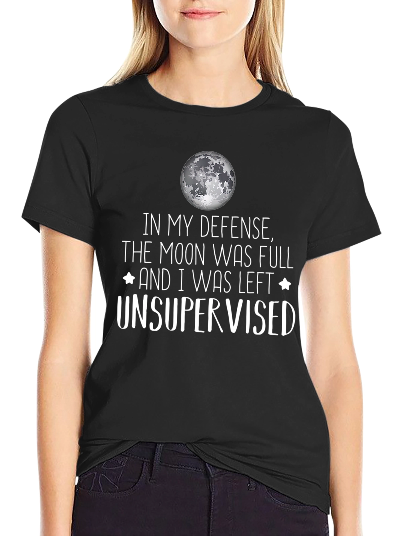 Black Funny Moon Full Unsupervised Graphic T-Shirt view 2