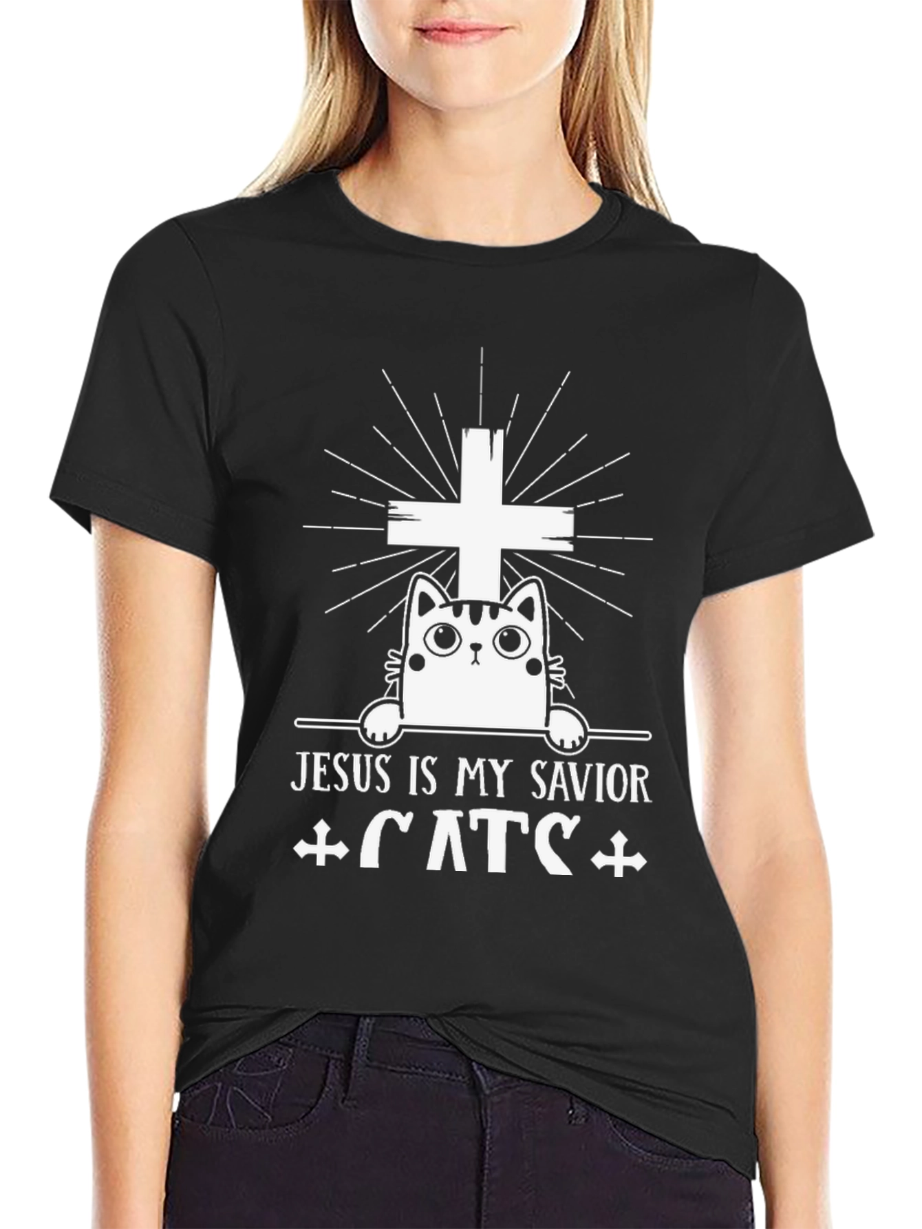 Jesus Is My Savior Cats Black T-Shirt - 2
