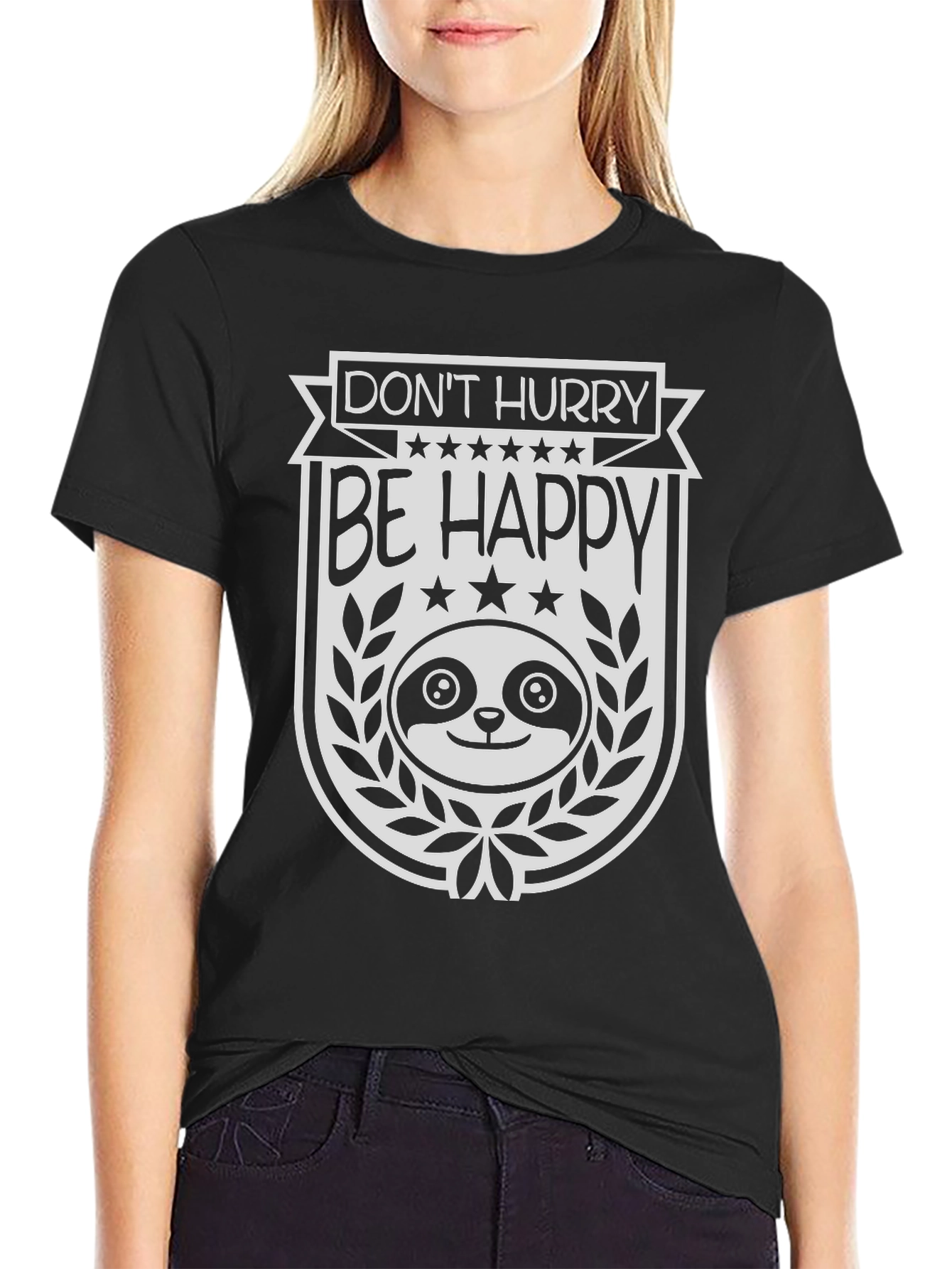 Black Don't Hurry Be Happy Sloth Graphic Tee view 2