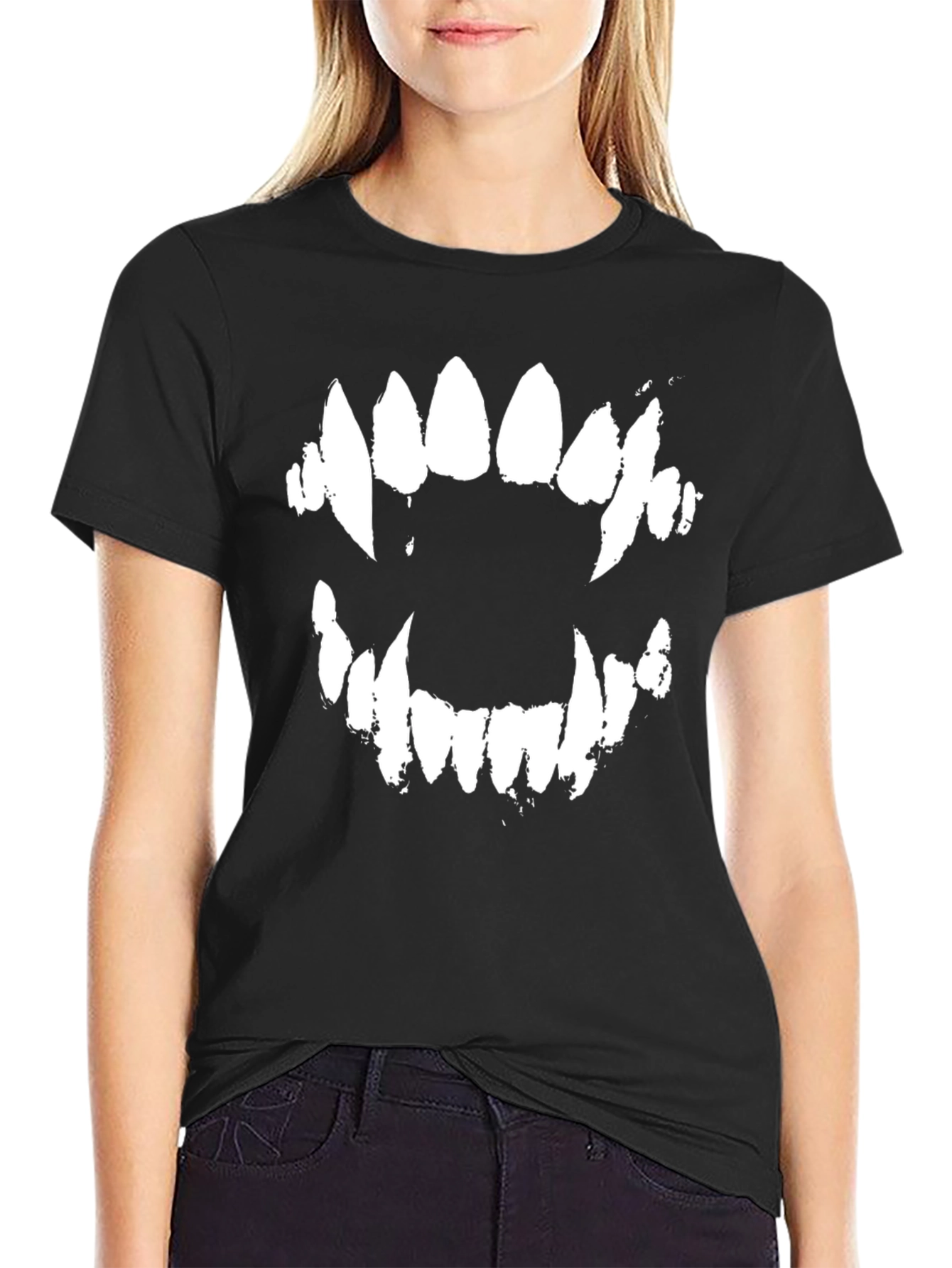Black Monster Teeth Graphic Tee - Black Cotton Blend Shirt view 2