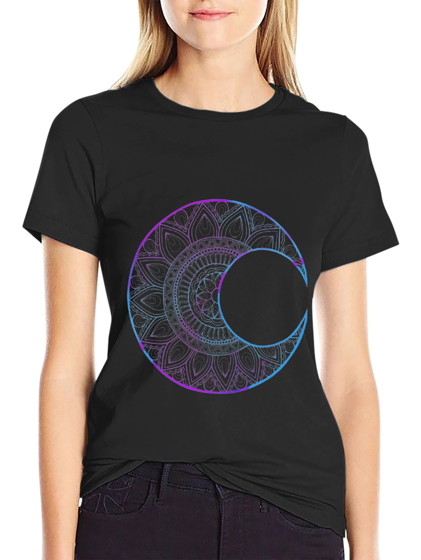 Black Mystic Mandala Moon Graphic T-Shirt view 2