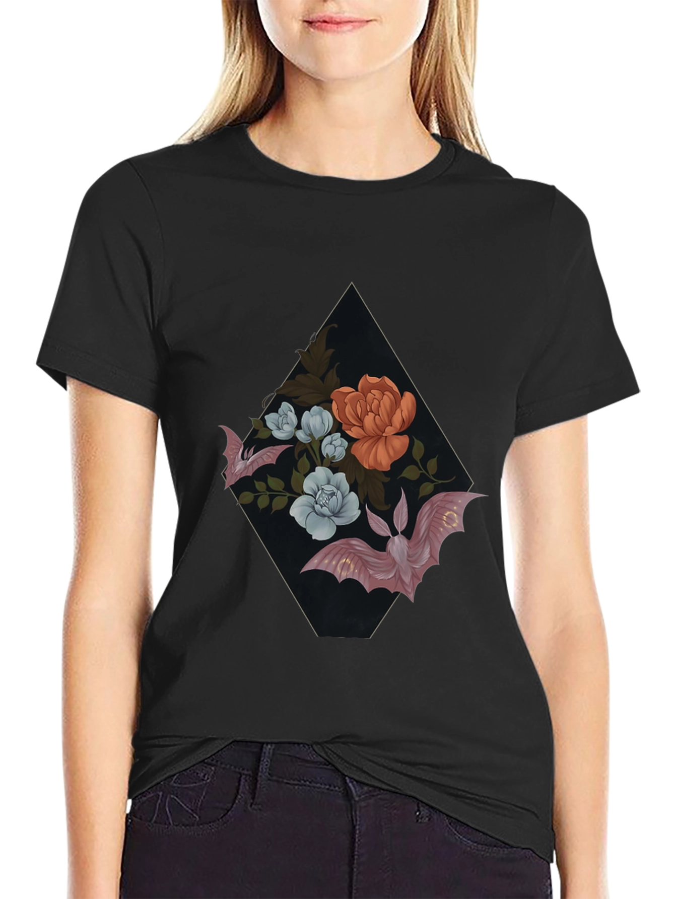 Black Floral Bat Graphic Tee - Gothic Style view 2