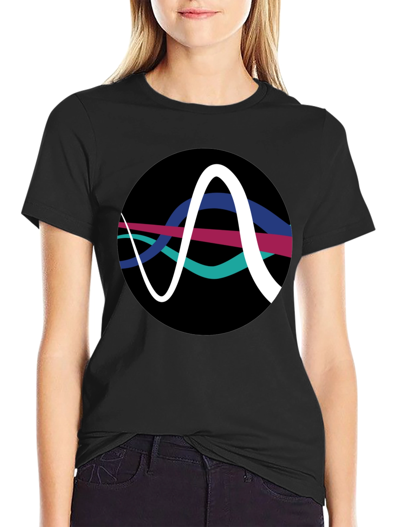 Black Abstract Wave Graphic Tee - Black Cotton T-Shirt view 2