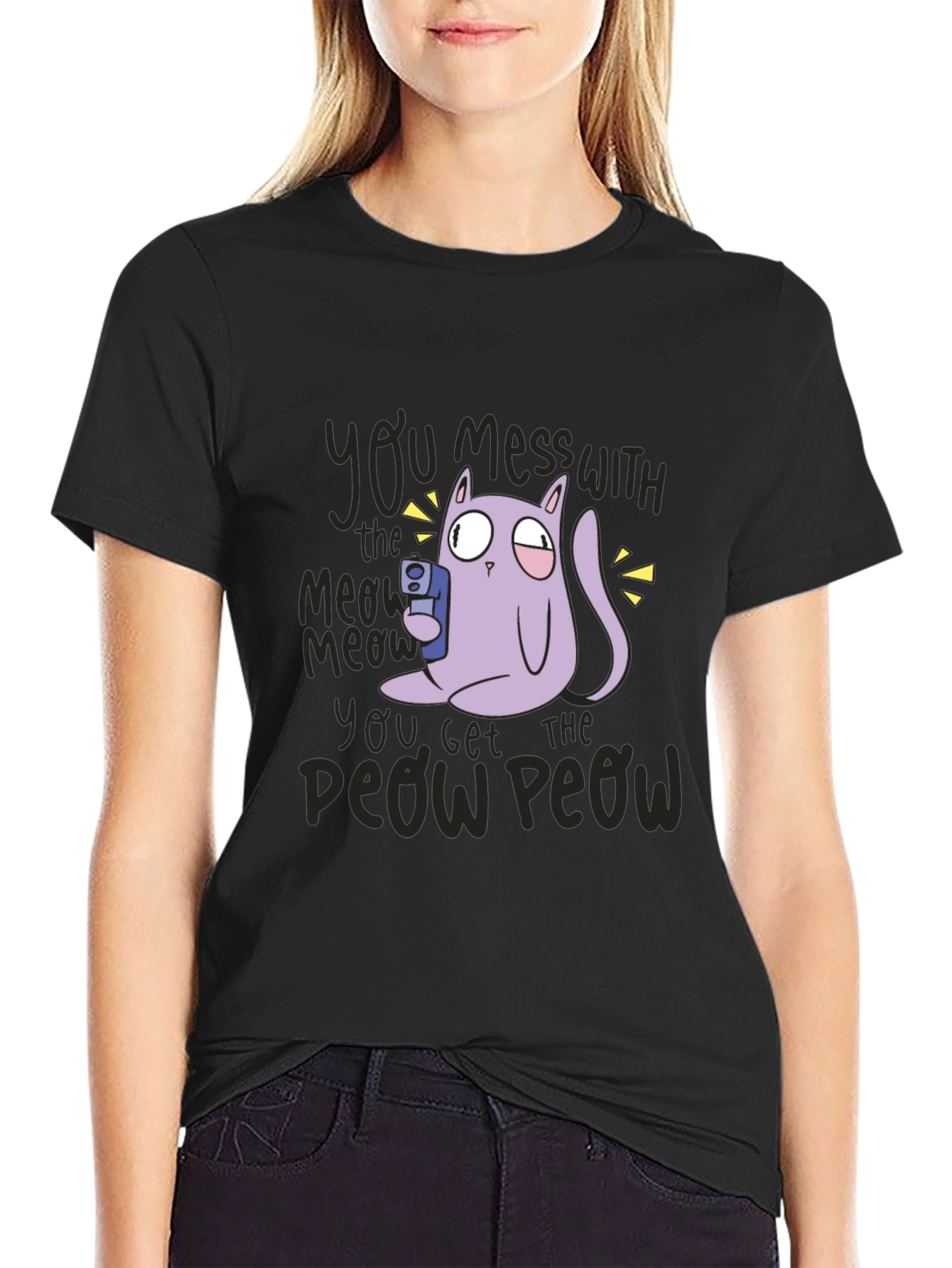 Black Meow Meow Peow T-Shirt - Funny Cat Graphic Tee view 2