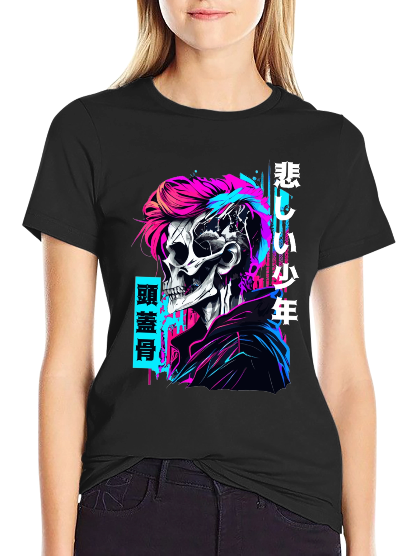 Black Cyberpunk Skull Graphic T-Shirt - Edgy Style view 2