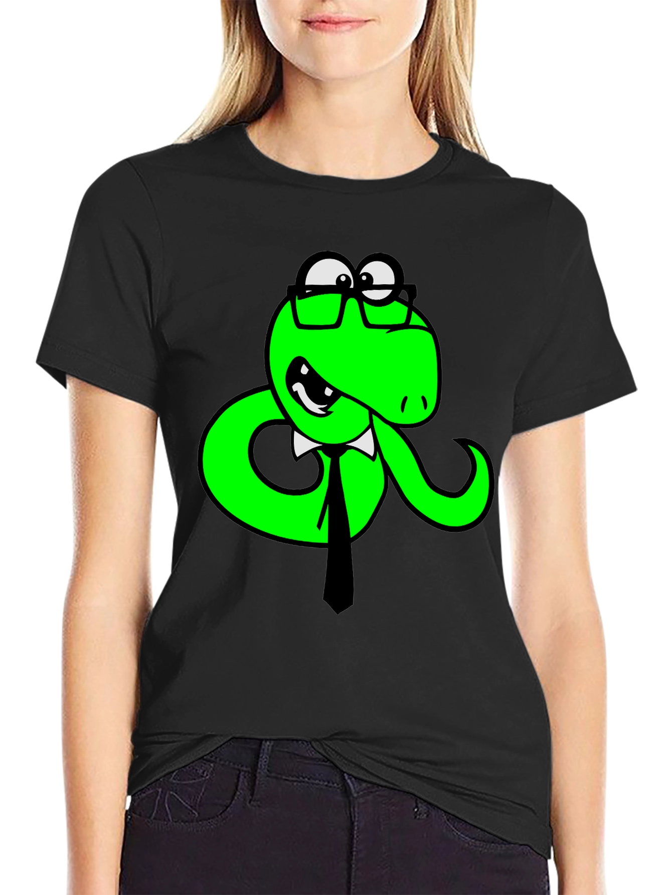 Black Funny Snake with Glasses Black T-Shirt view 2