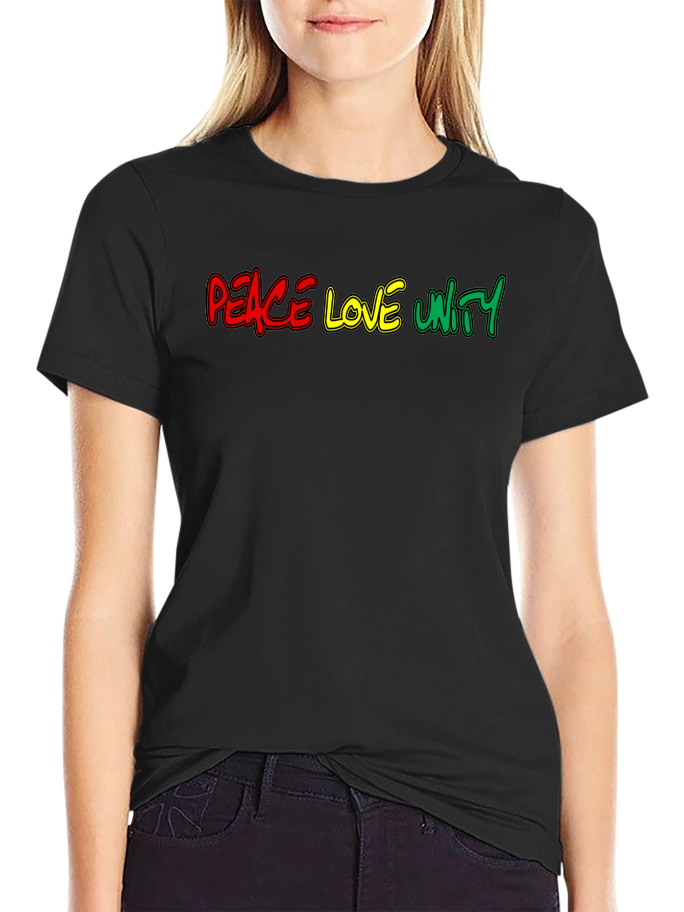 Black Peace Love Unity Graphic Tee - Black Cotton T-Shirt view 2