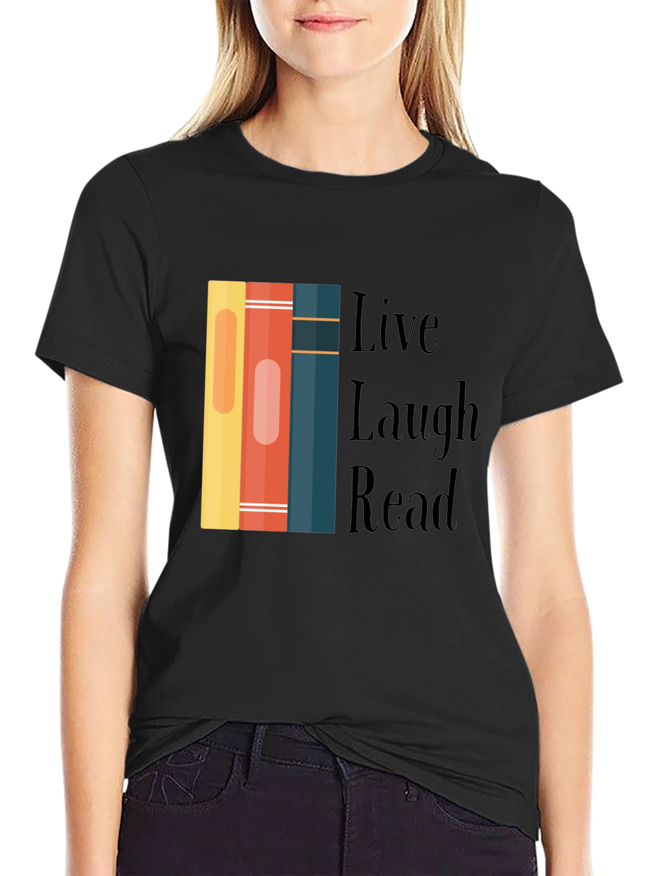 Black Live Laugh Read Bookworm Graphic Tee view 2
