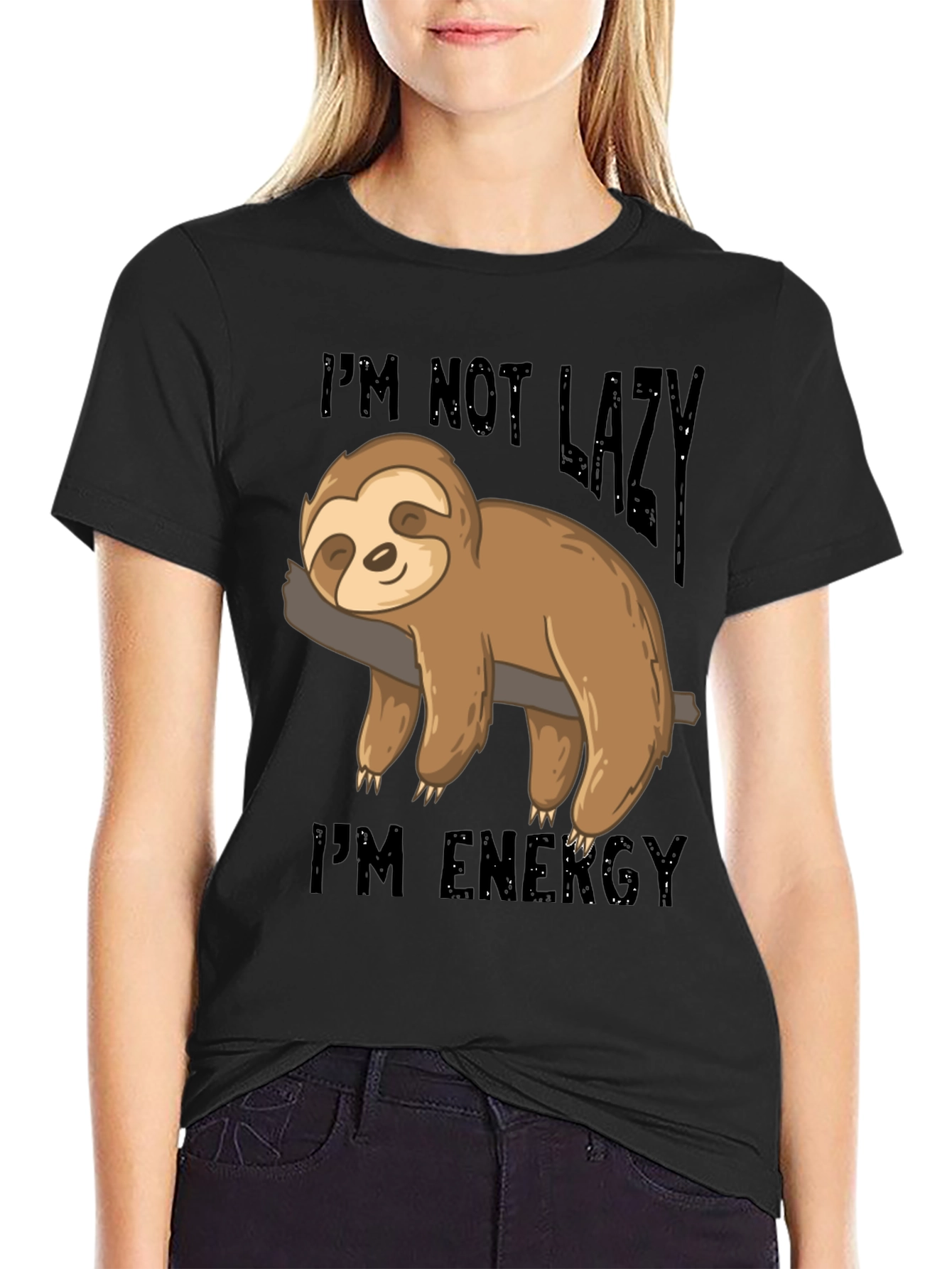 Black Lazy Sloth Energy T-Shirt - Comfortable Cotton Blend Tee view 2