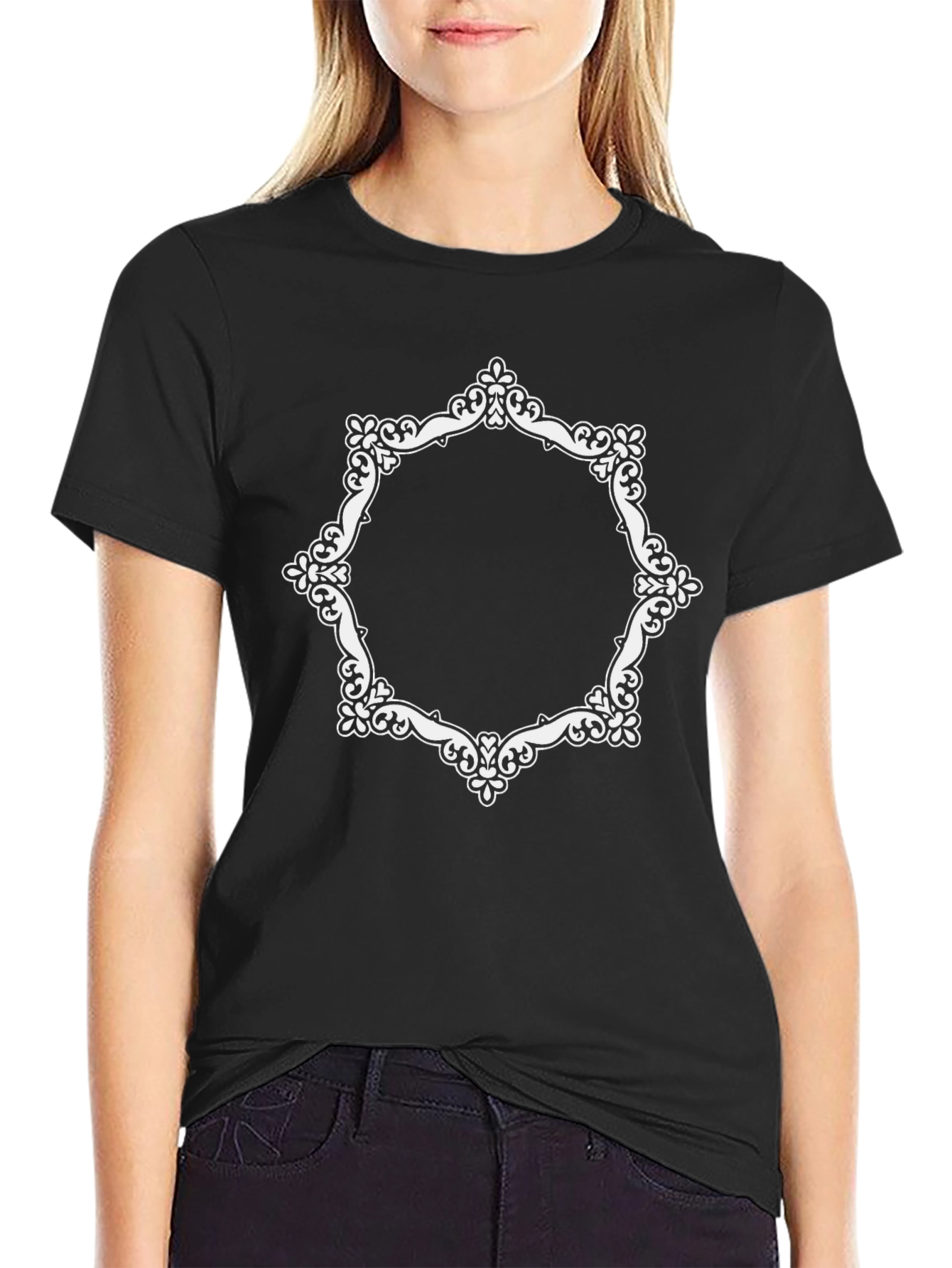 Black Black Tee with Ornamental Frame Design view 2