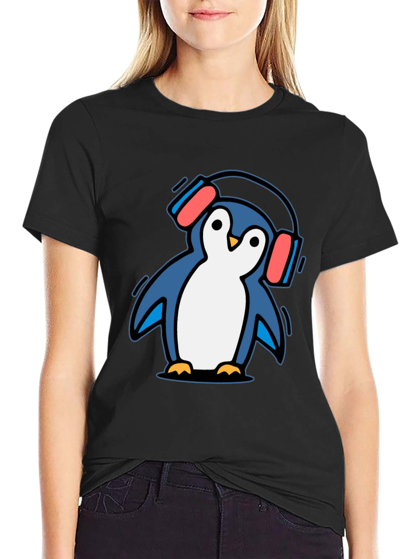 Black Penguin Headphone T-Shirt - Cool Graphic Tee view 2