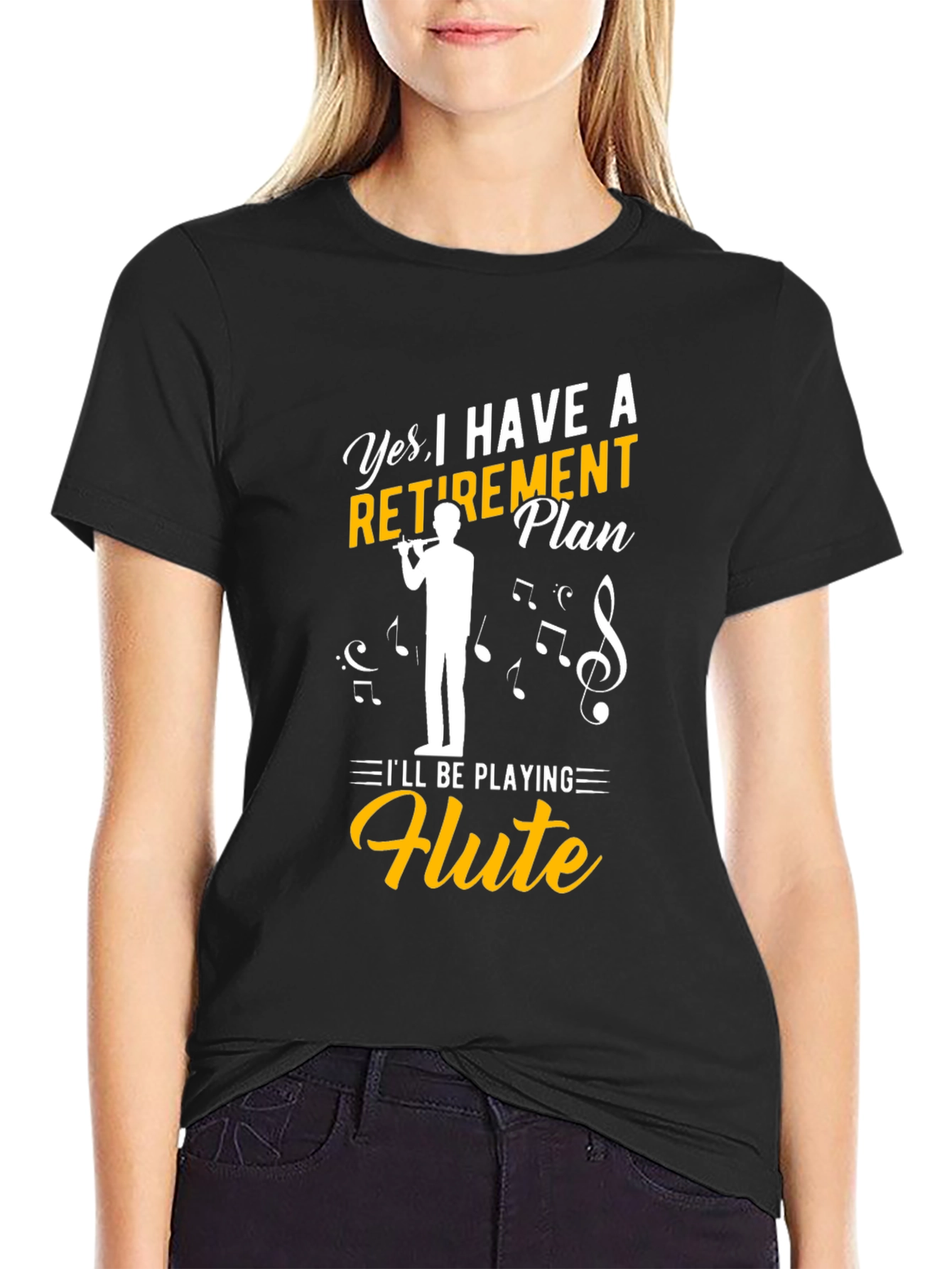 Black Retirement Plan Flute Player T-Shirt view 2