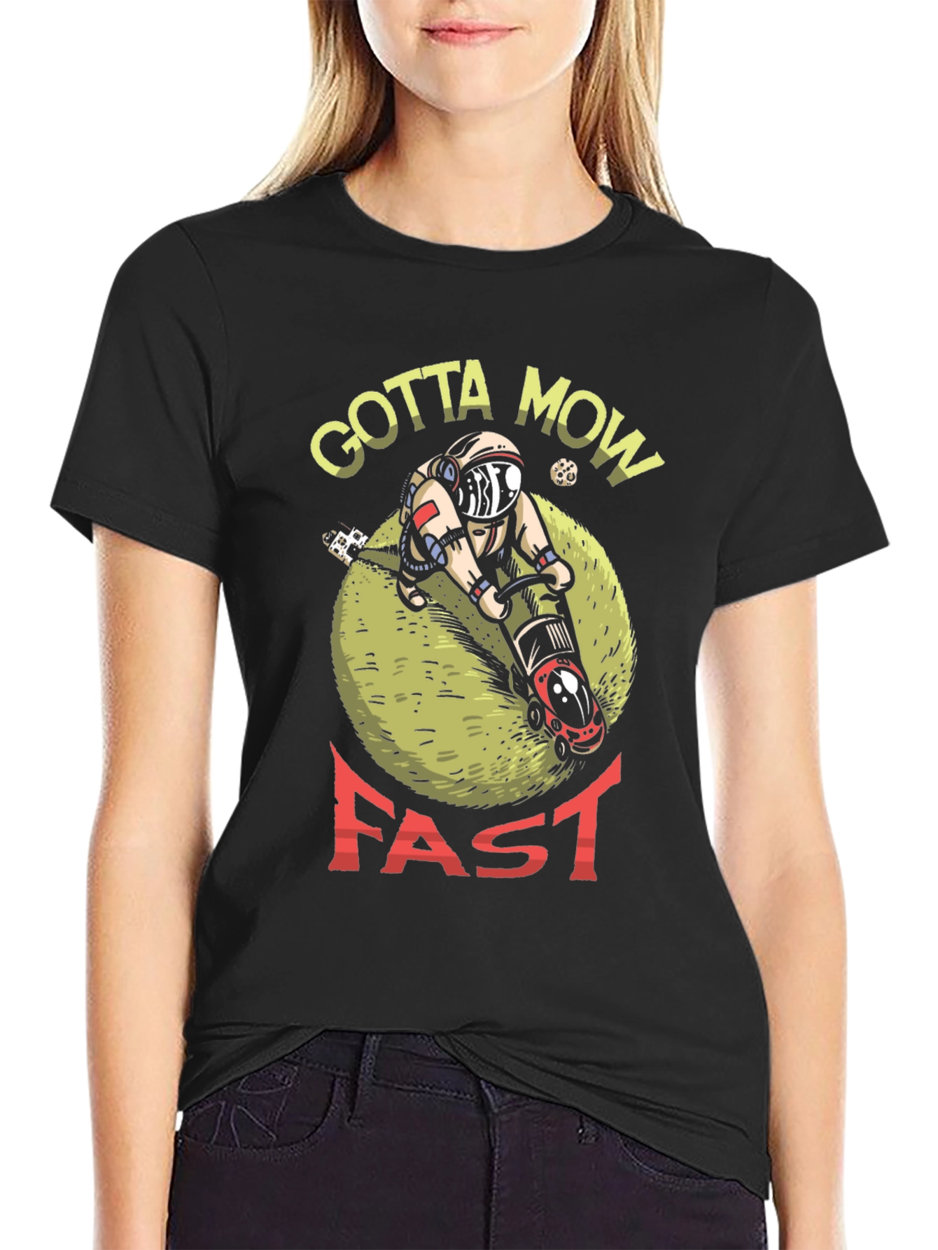 Black Gotta Mow Fast T-Shirt, Astronaut Lawn Mower Design view 2