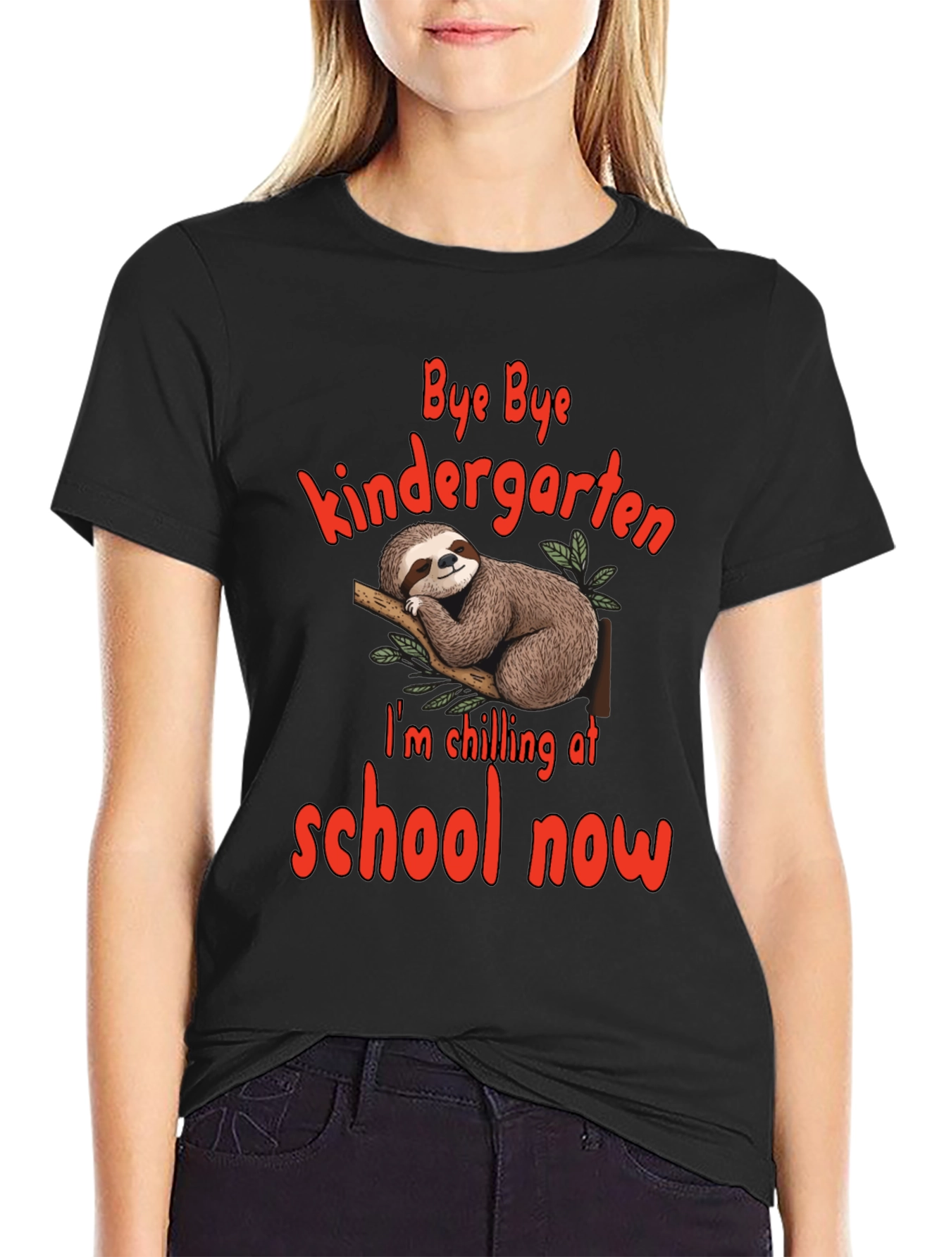 Black Bye Bye Kindergarten Sloth T-Shirt view 2
