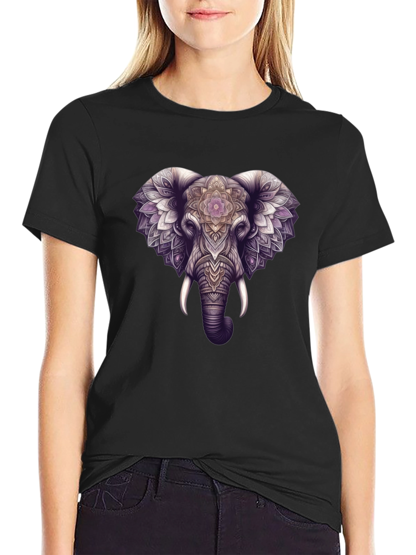 Black Elephant Mandala Graphic Black Tee view 2