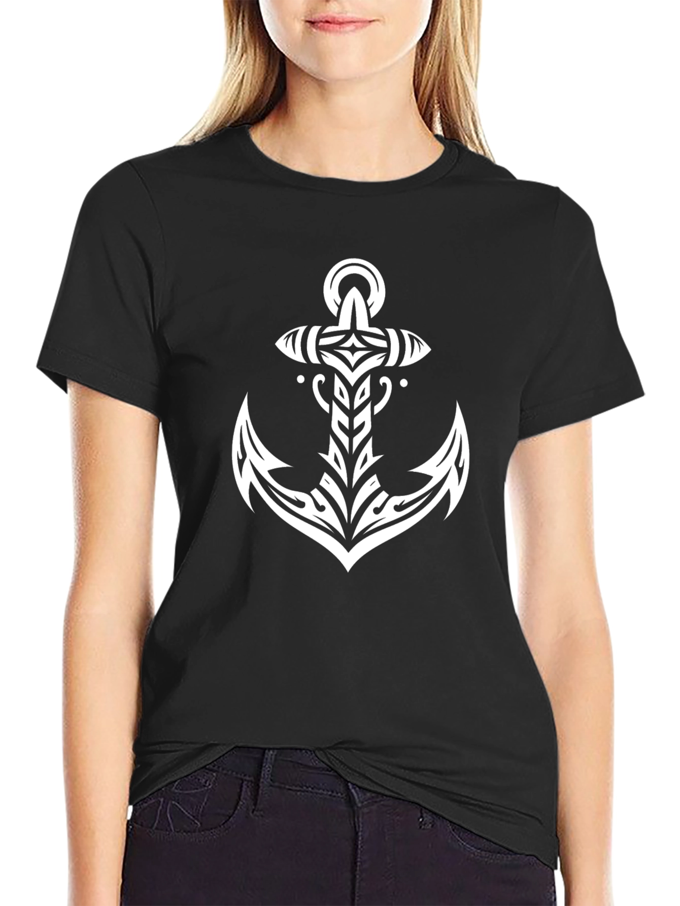 Black Tribal Anchor Graphic Tee - Modern Nautical Style view 2