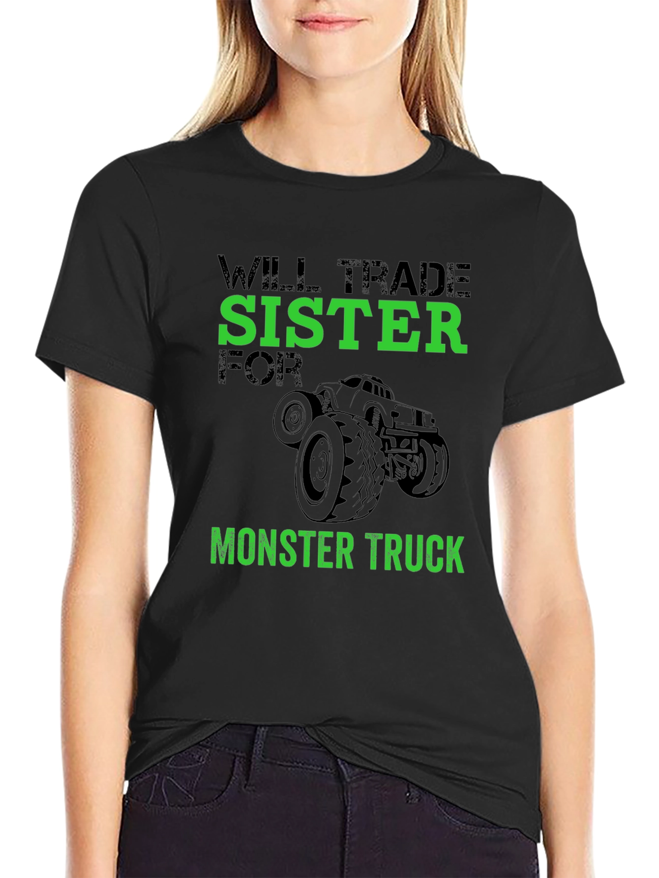 Black Will Trade Sister for Monster Truck Black Graphic T-Shirt view 2